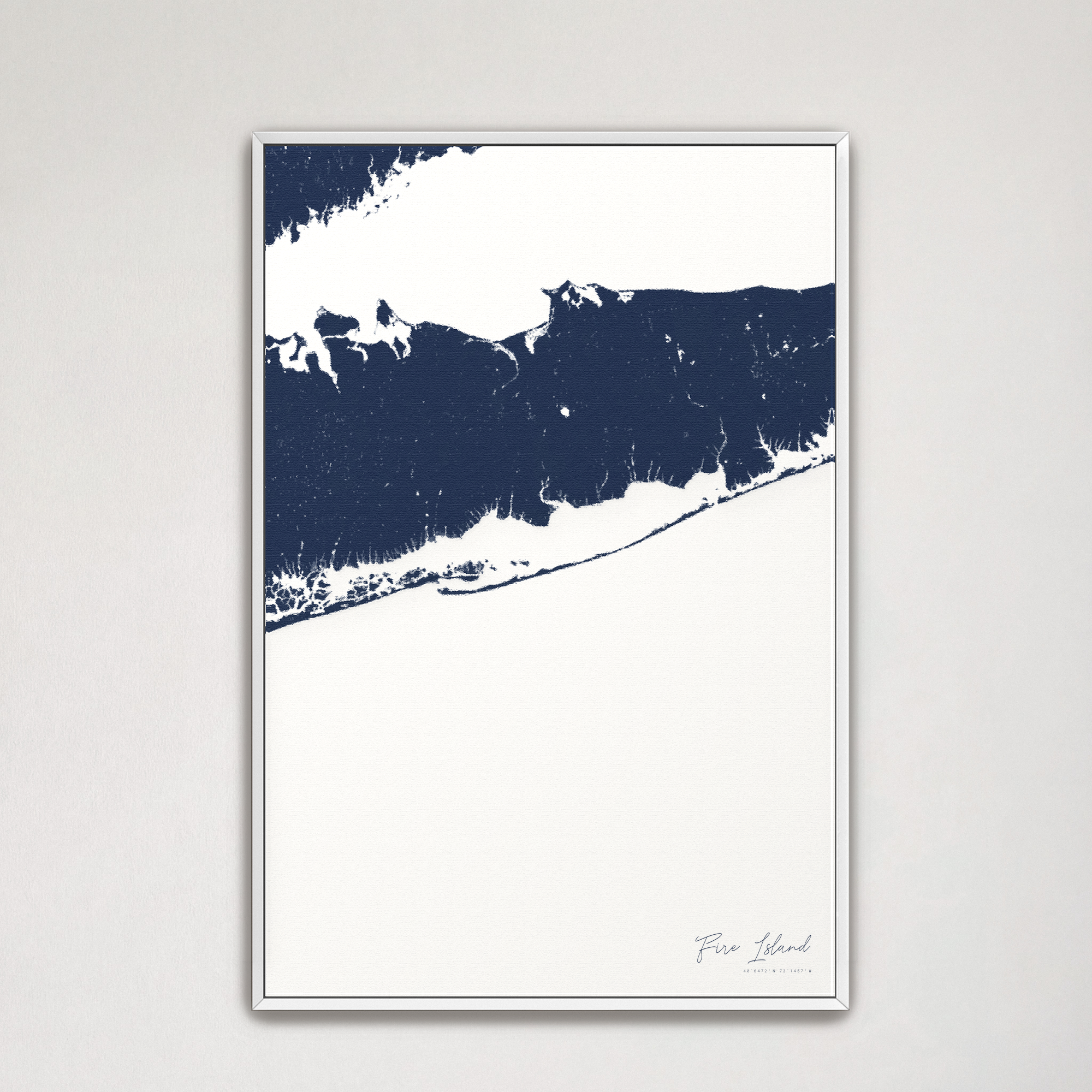 Fire Island Coastal Map — Canvas Vertical, navy, White Frame