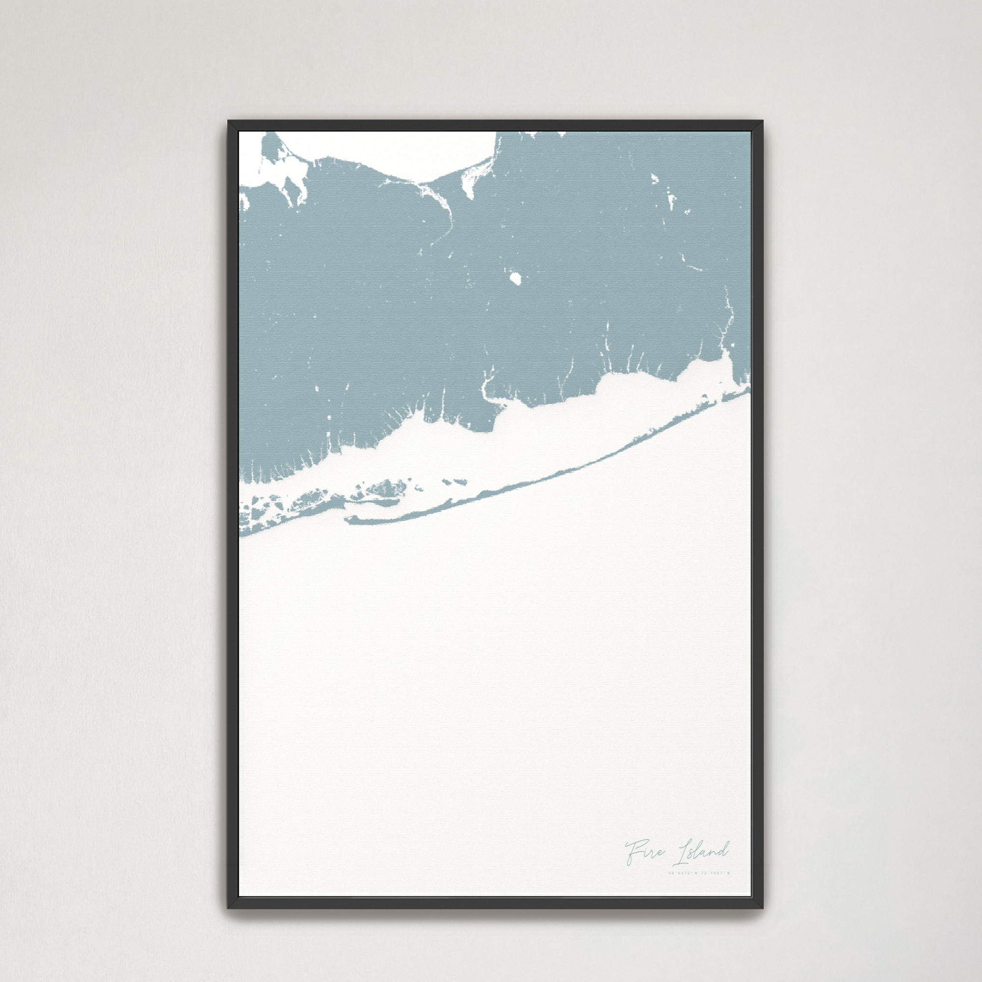 Fire Island Coastal Map — Canvas Vertical, soft-blue, Black Frame