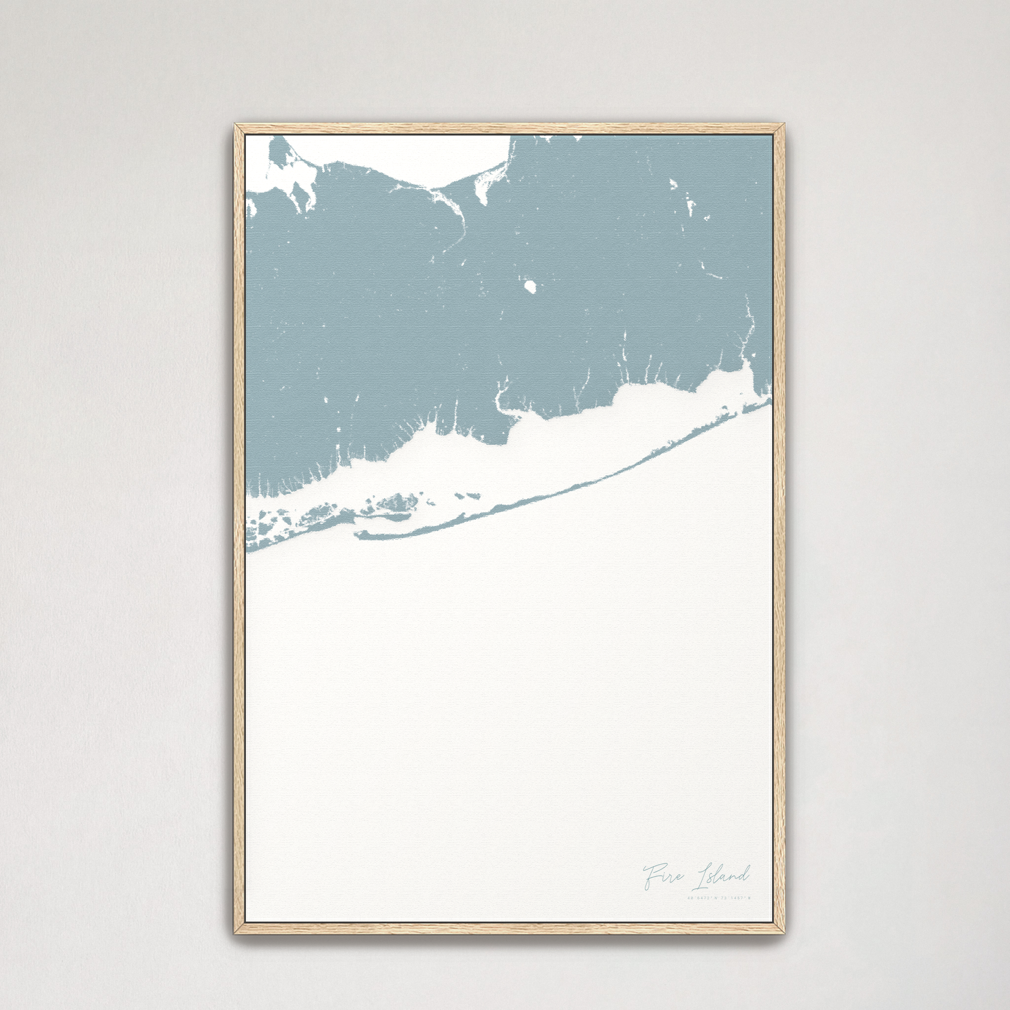 Fire Island Coastal Map — Canvas Vertical, soft-blue, Natural Oak