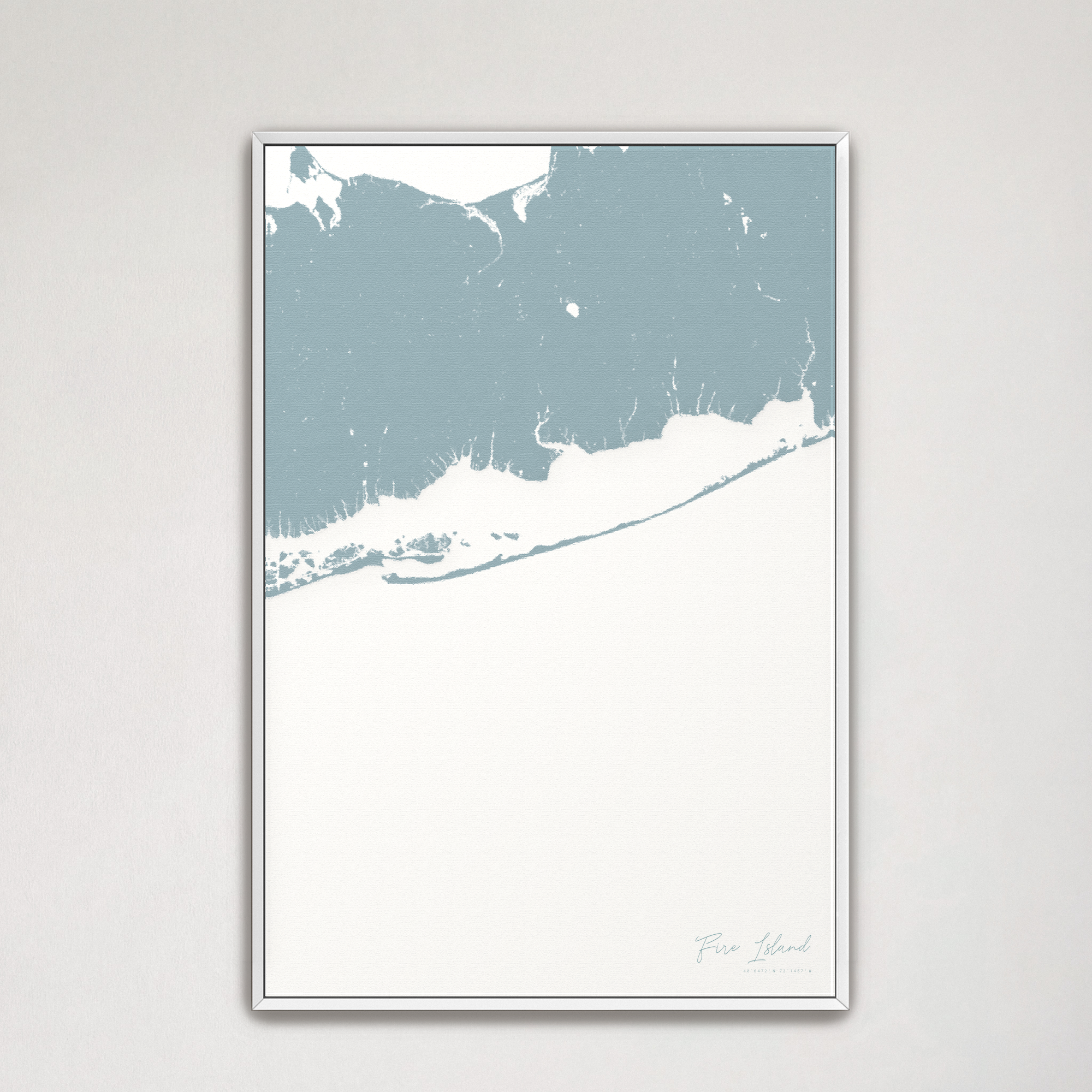 Fire Island Coastal Map — Canvas Vertical, soft-blue, White Frame