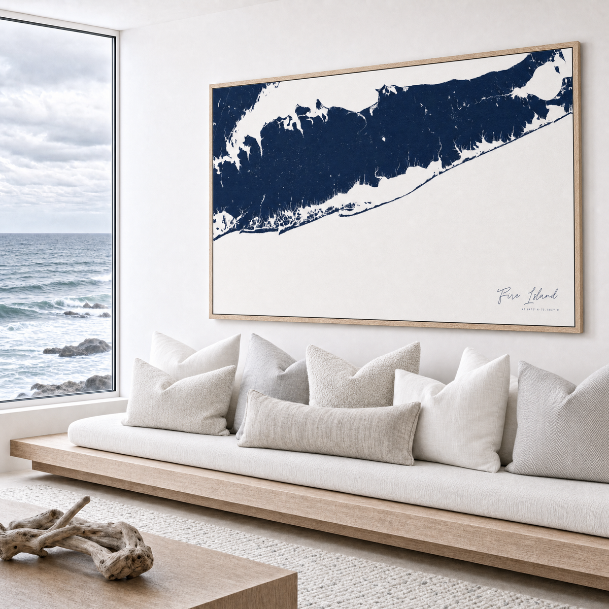 Fire Island canvas map — sea-view bench interior