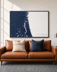 First Coast / Northeast Florida canvas map — two-pillow black-frame sofa interior