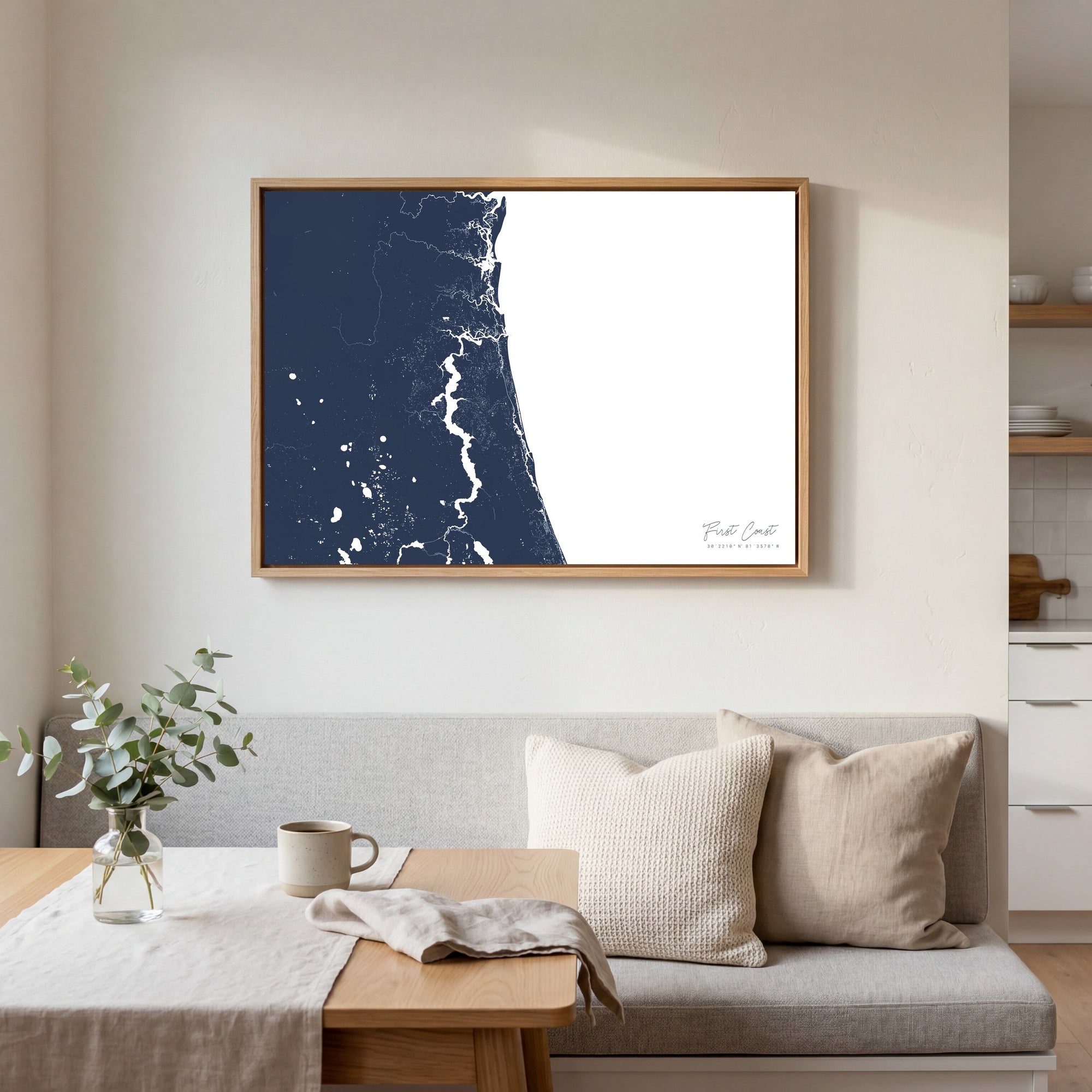 First Coast navy horizontal canvas map in an oak framed room scene