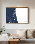 First Coast navy horizontal canvas map in an oak framed room scene