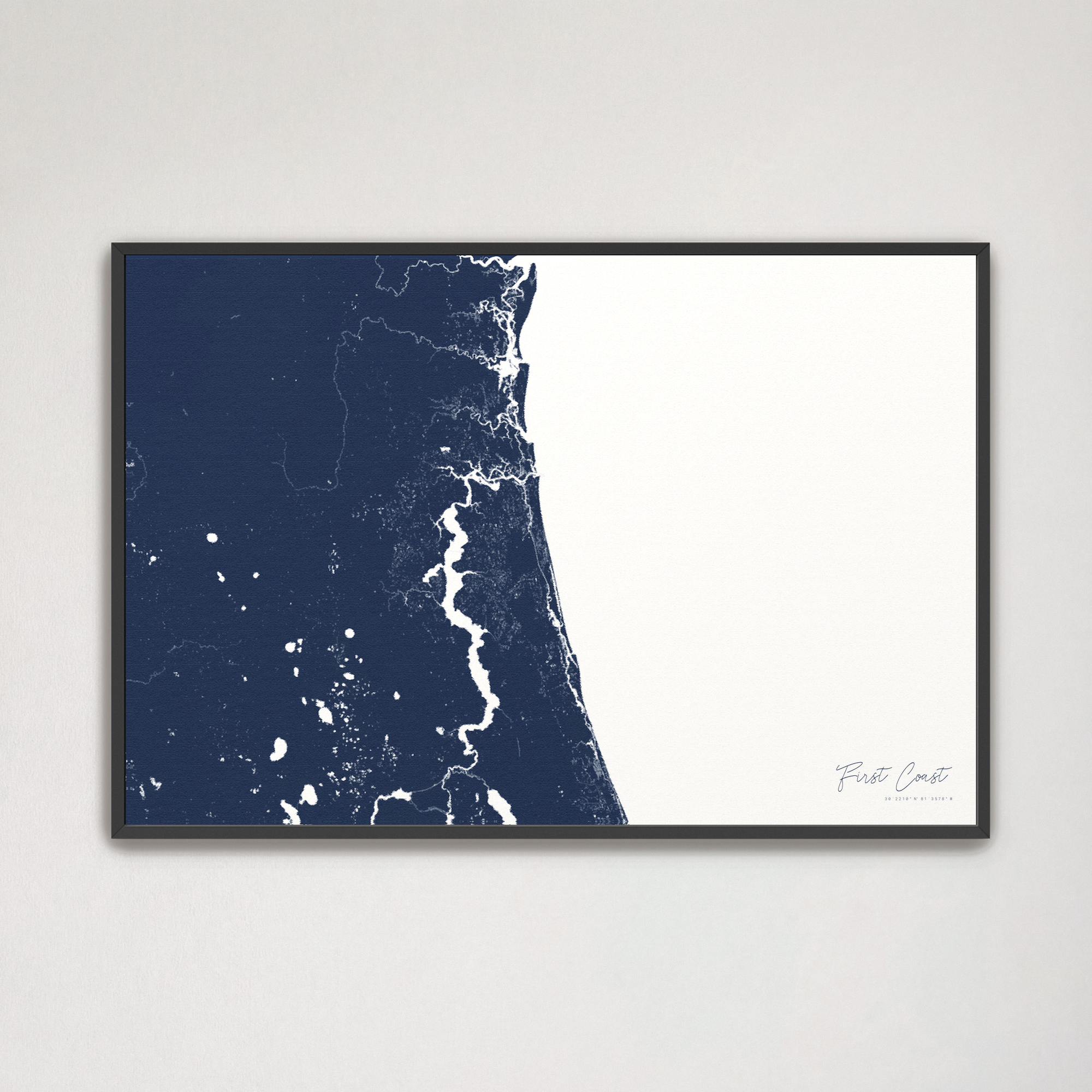 First Coast / Northeast Florida Coastal Map — Canvas Horizontal, navy, Black Frame