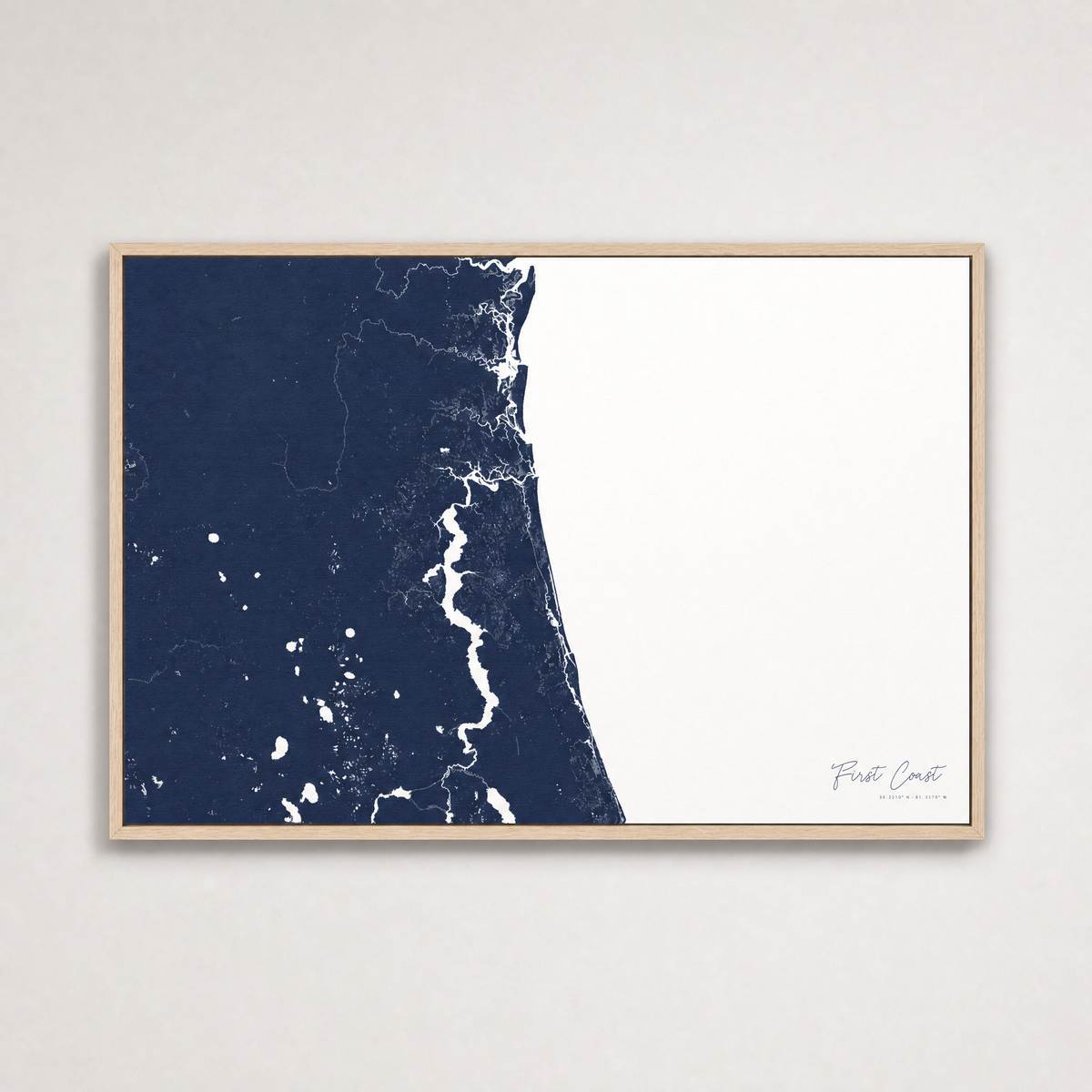 First Coast / Northeast Florida Coastal Map — Canvas Horizontal — navy, Light Wood