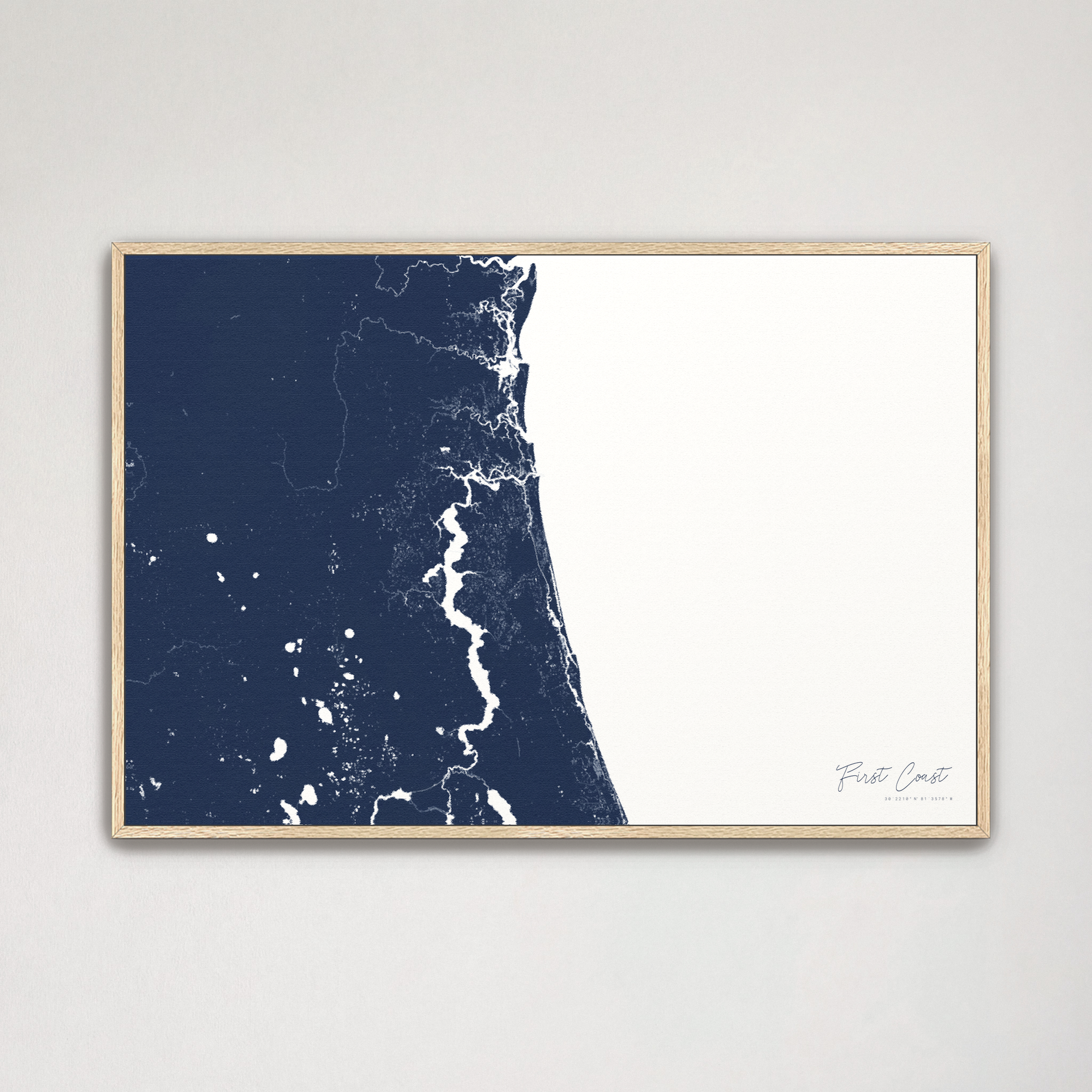 First Coast / Northeast Florida Coastal Map — Canvas Horizontal, navy, Natural Oak