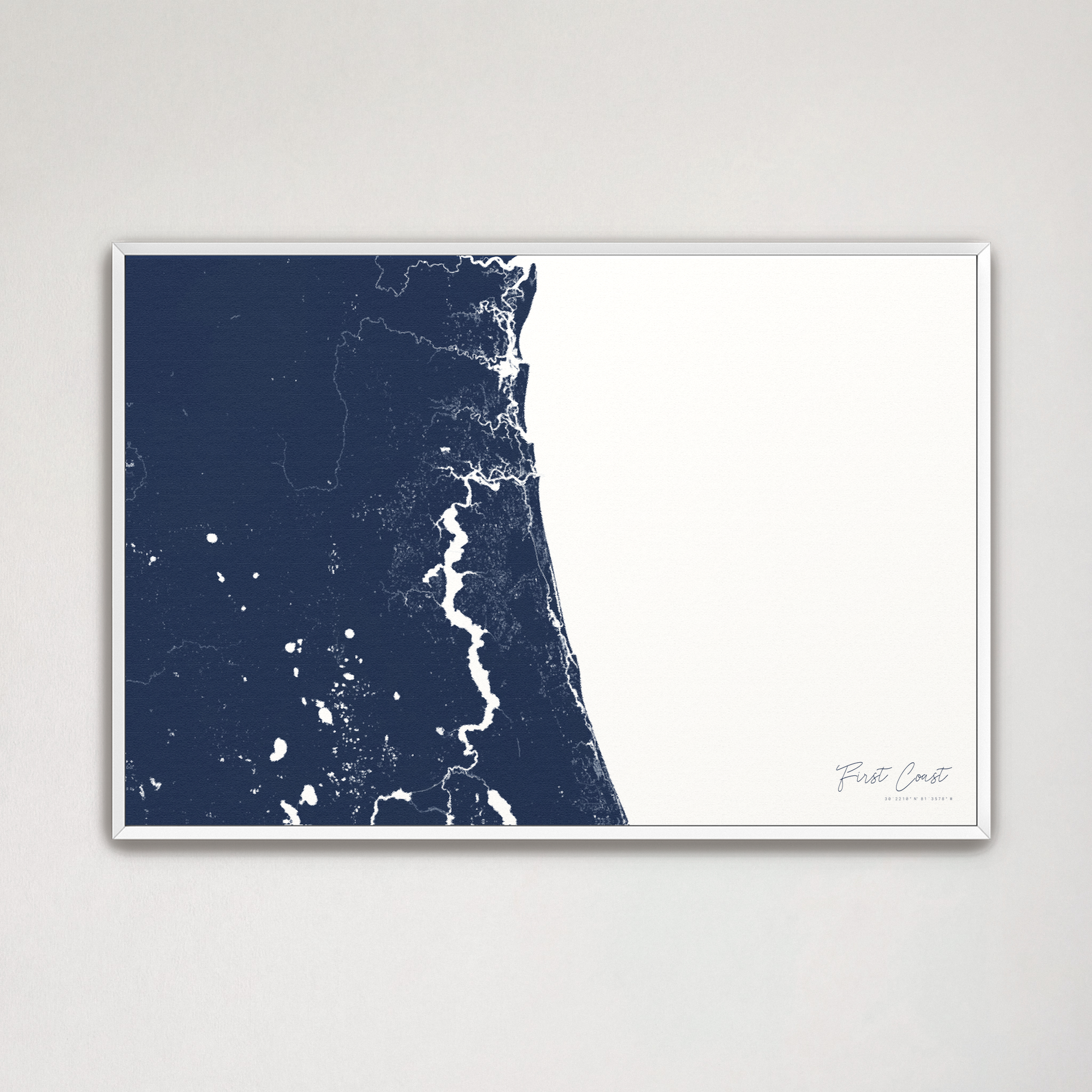 First Coast / Northeast Florida Coastal Map — Canvas Horizontal, navy, White Frame