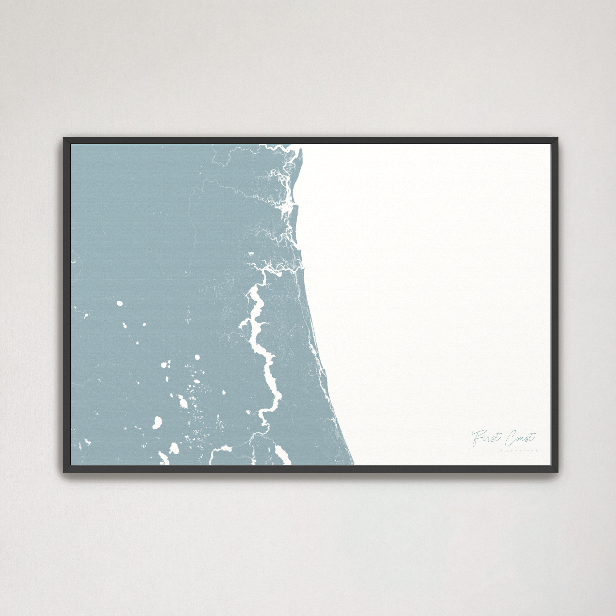 First Coast / Northeast Florida Coastal Map — Canvas Horizontal, soft-blue, Black Frame
