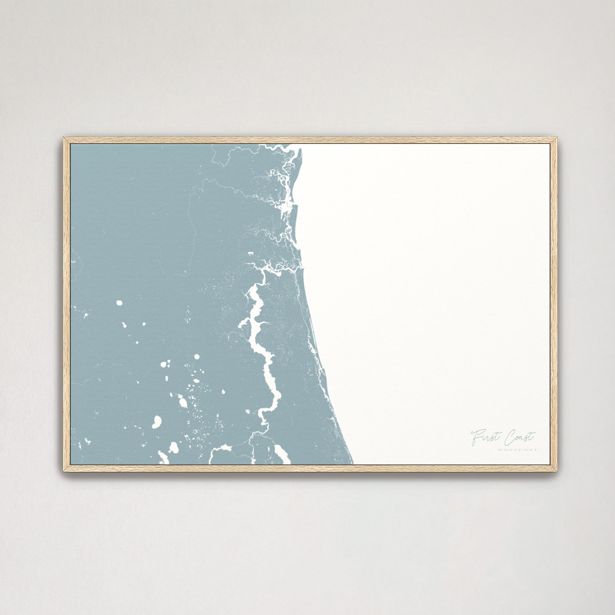 First Coast / Northeast Florida Coastal Map — Canvas Horizontal, soft-blue, Natural Oak