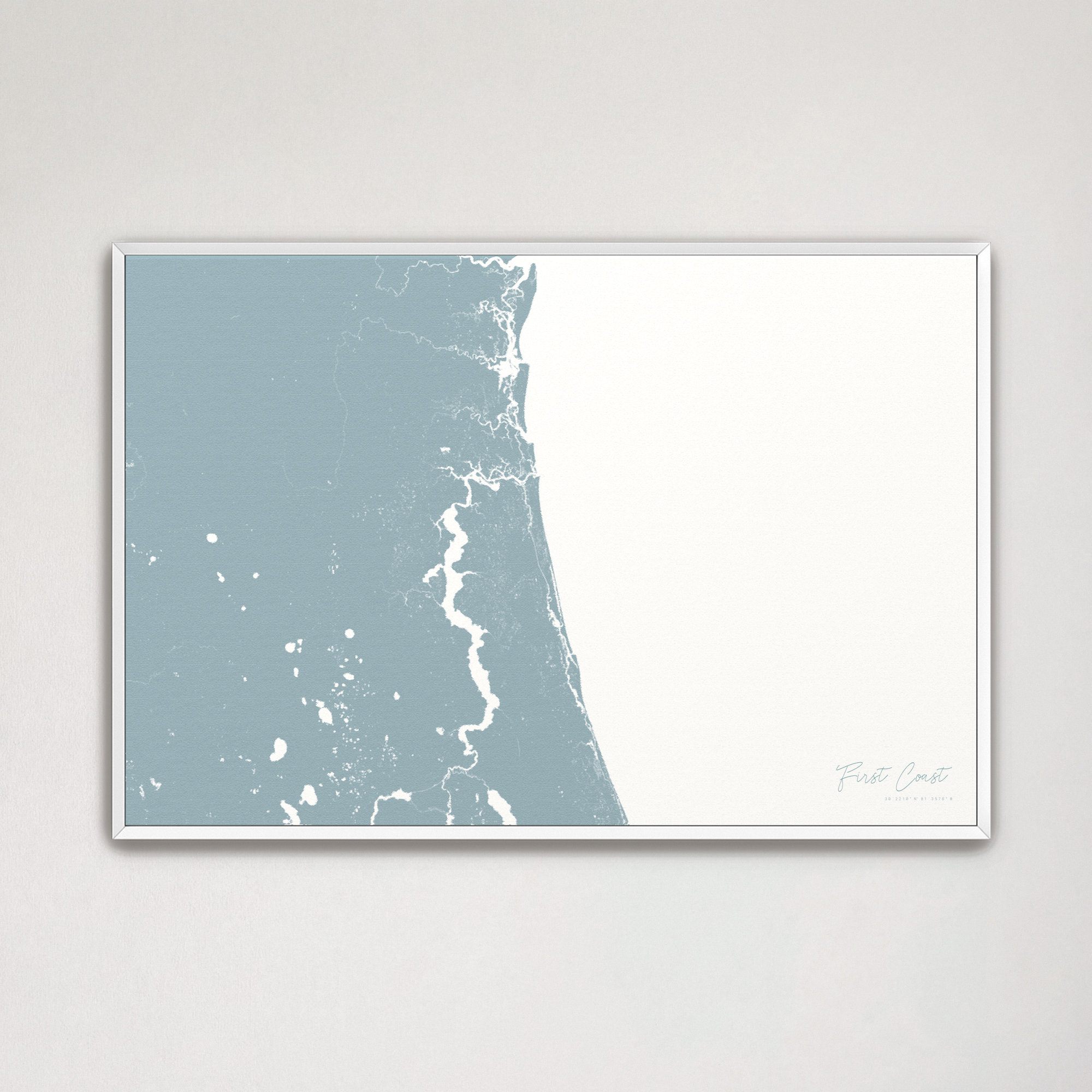 First Coast / Northeast Florida Coastal Map — Canvas Horizontal, soft-blue, White Frame