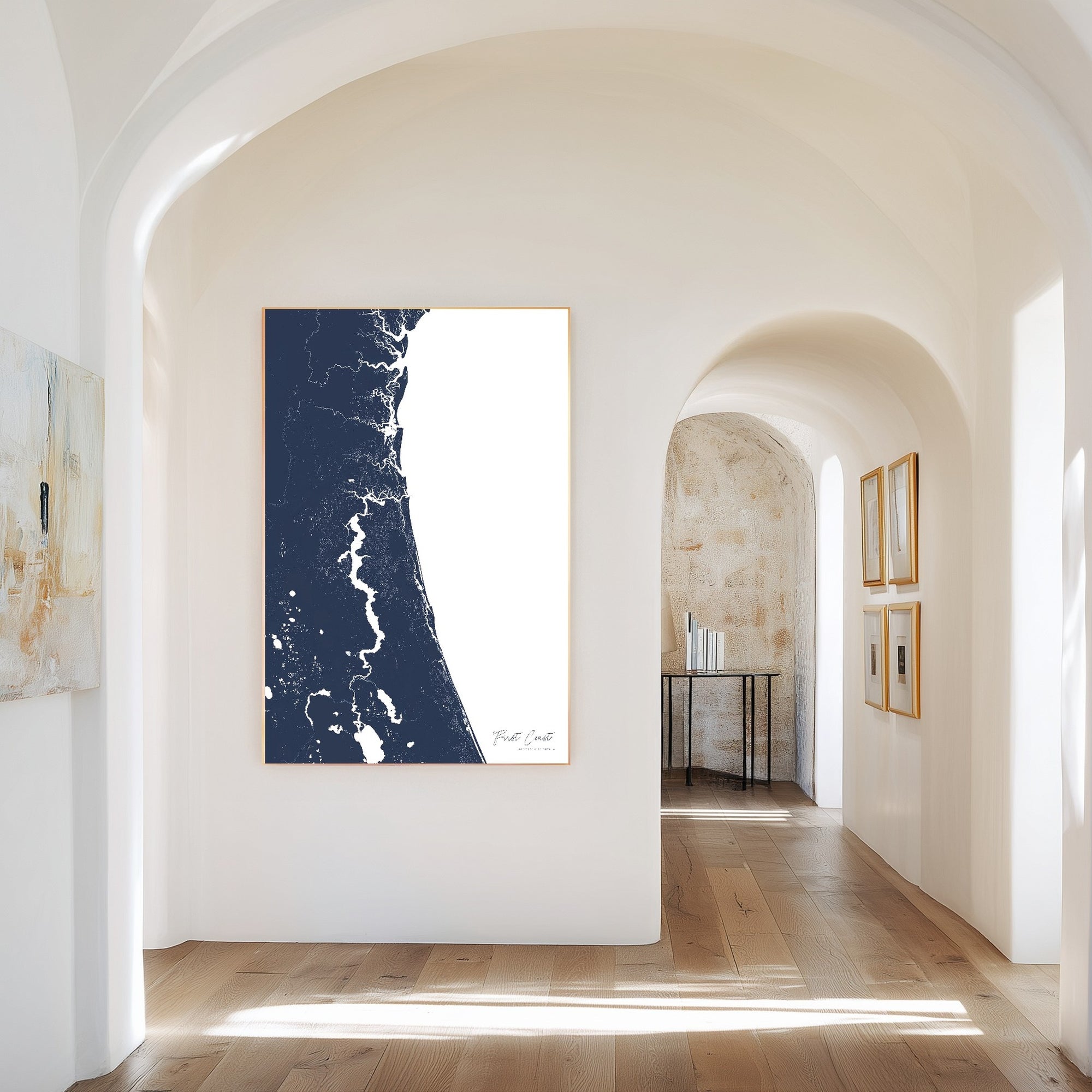 First Coast navy vertical canvas map in the Bello mixed room scene