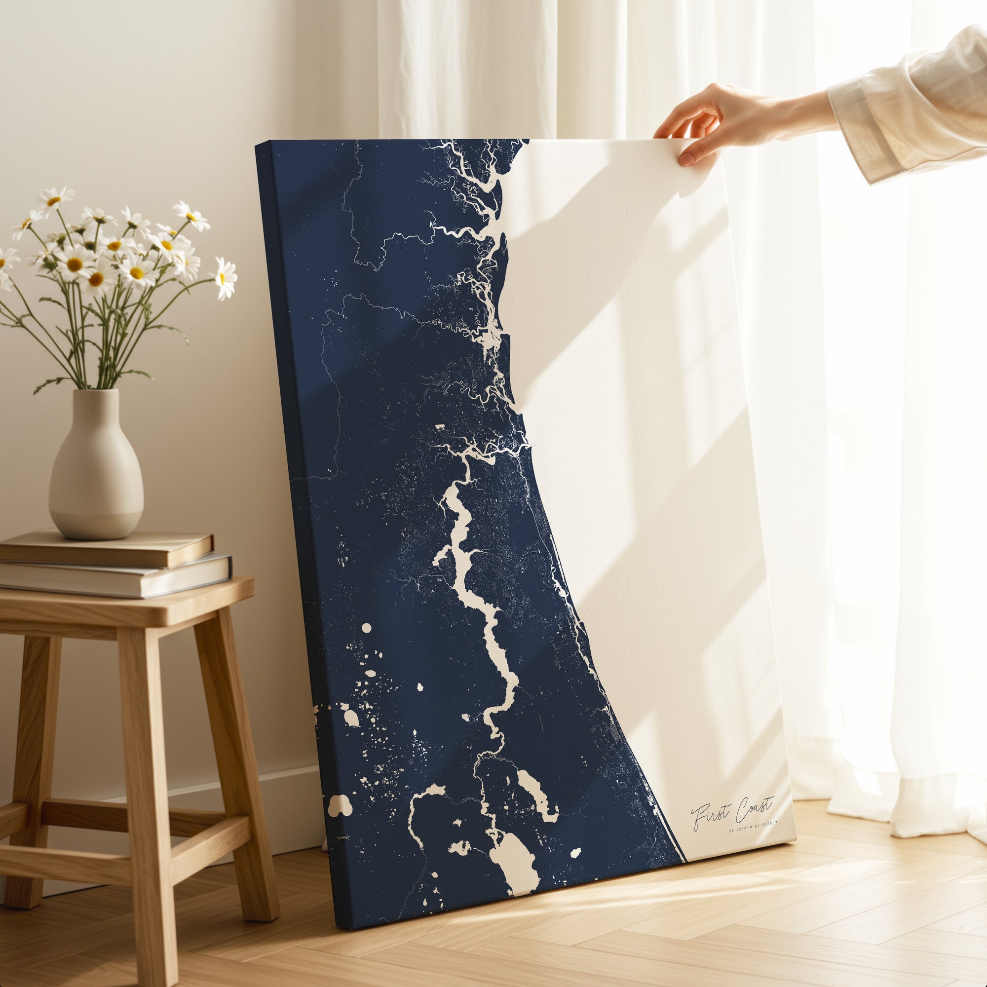 First Coast navy vertical wrapped canvas map in the ratio 2:3 hand mockup