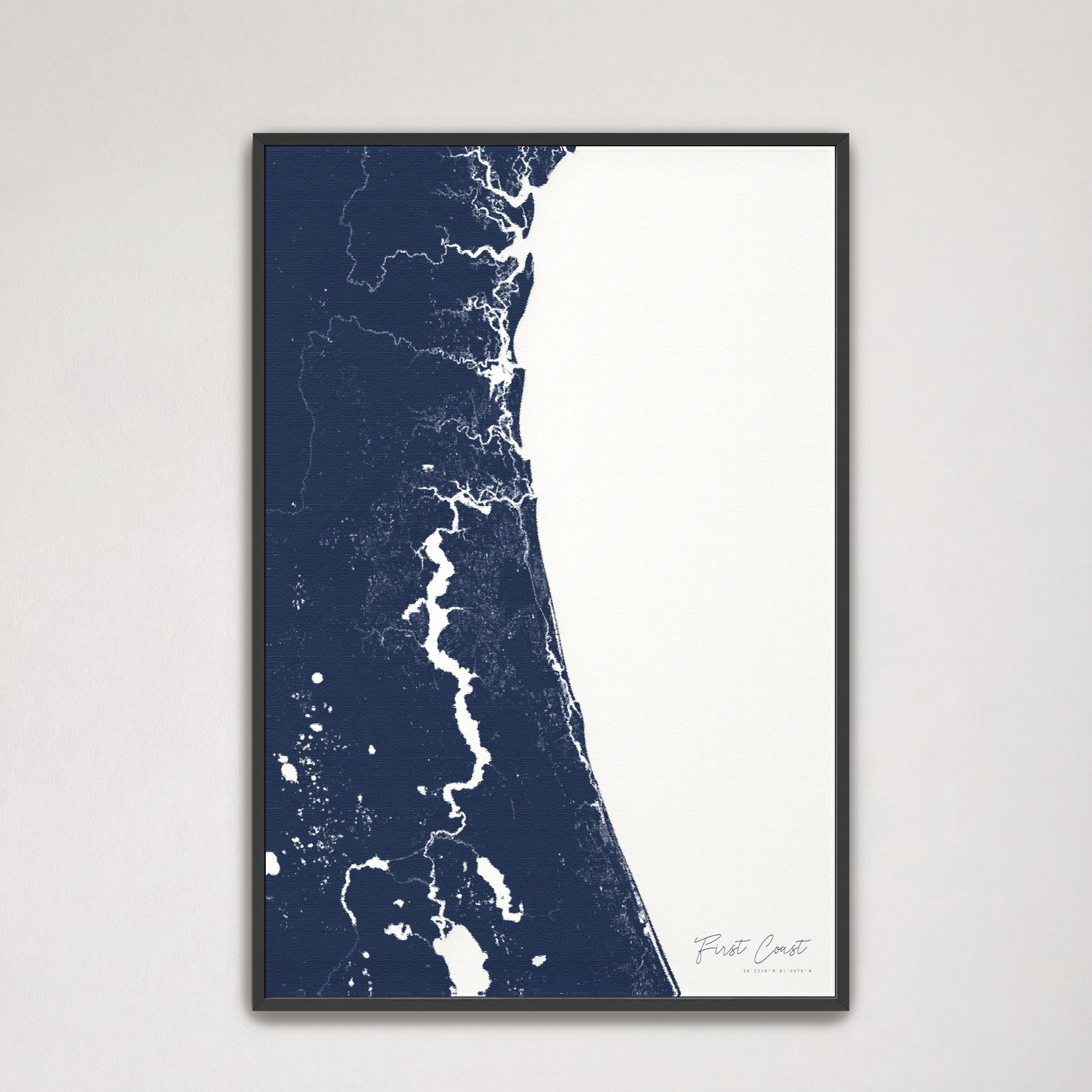 First Coast / Northeast Florida Coastal Map — Canvas Vertical, navy, Black Frame