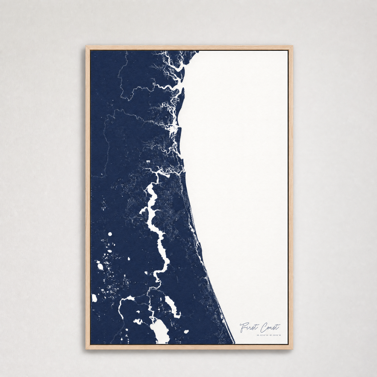 First Coast / Northeast Florida Coastal Map — Canvas Vertical — navy, Light Wood