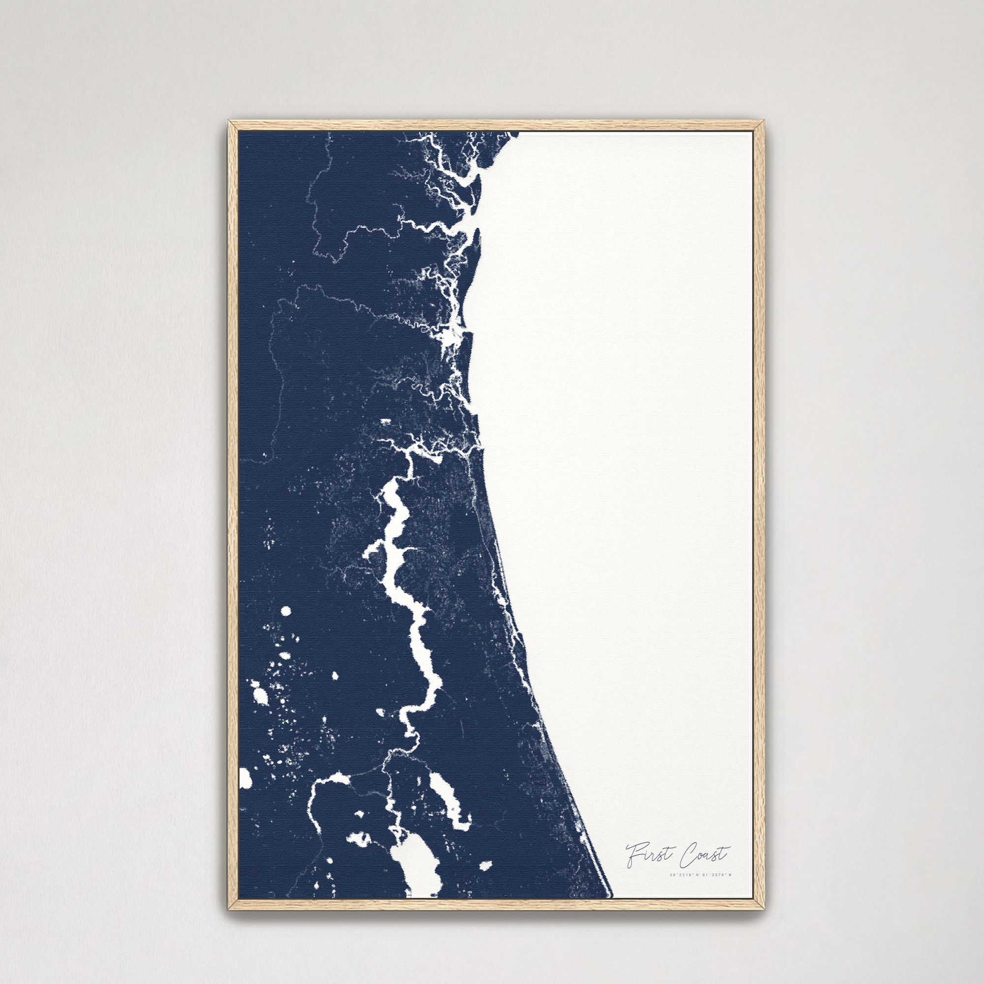 First Coast / Northeast Florida Coastal Map — Canvas Vertical, navy, Natural Oak