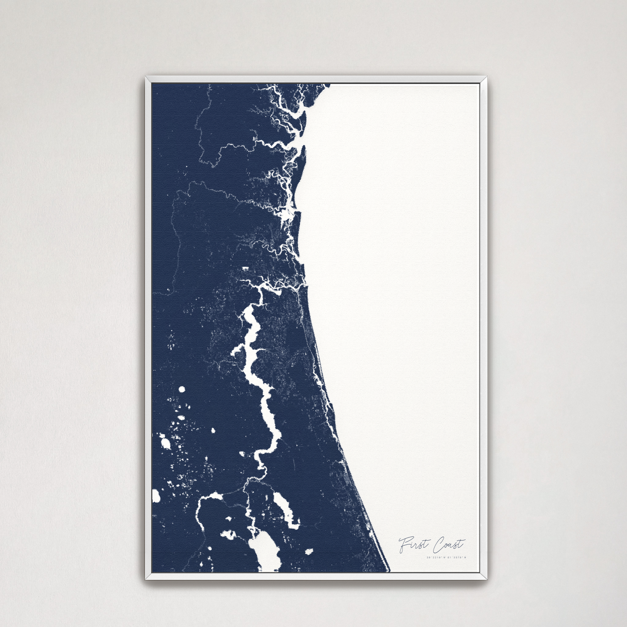 First Coast / Northeast Florida Coastal Map — Canvas Vertical, navy, White Frame