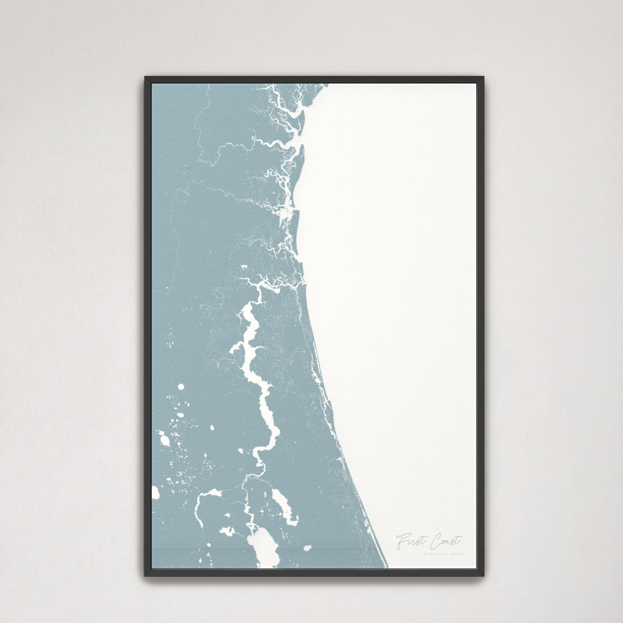 First Coast / Northeast Florida Coastal Map — Canvas Vertical, soft-blue, Black Frame