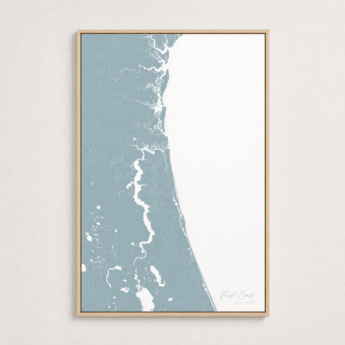 First Coast / Northeast Florida Coastal Map — Canvas Vertical — soft-blue, Light Wood