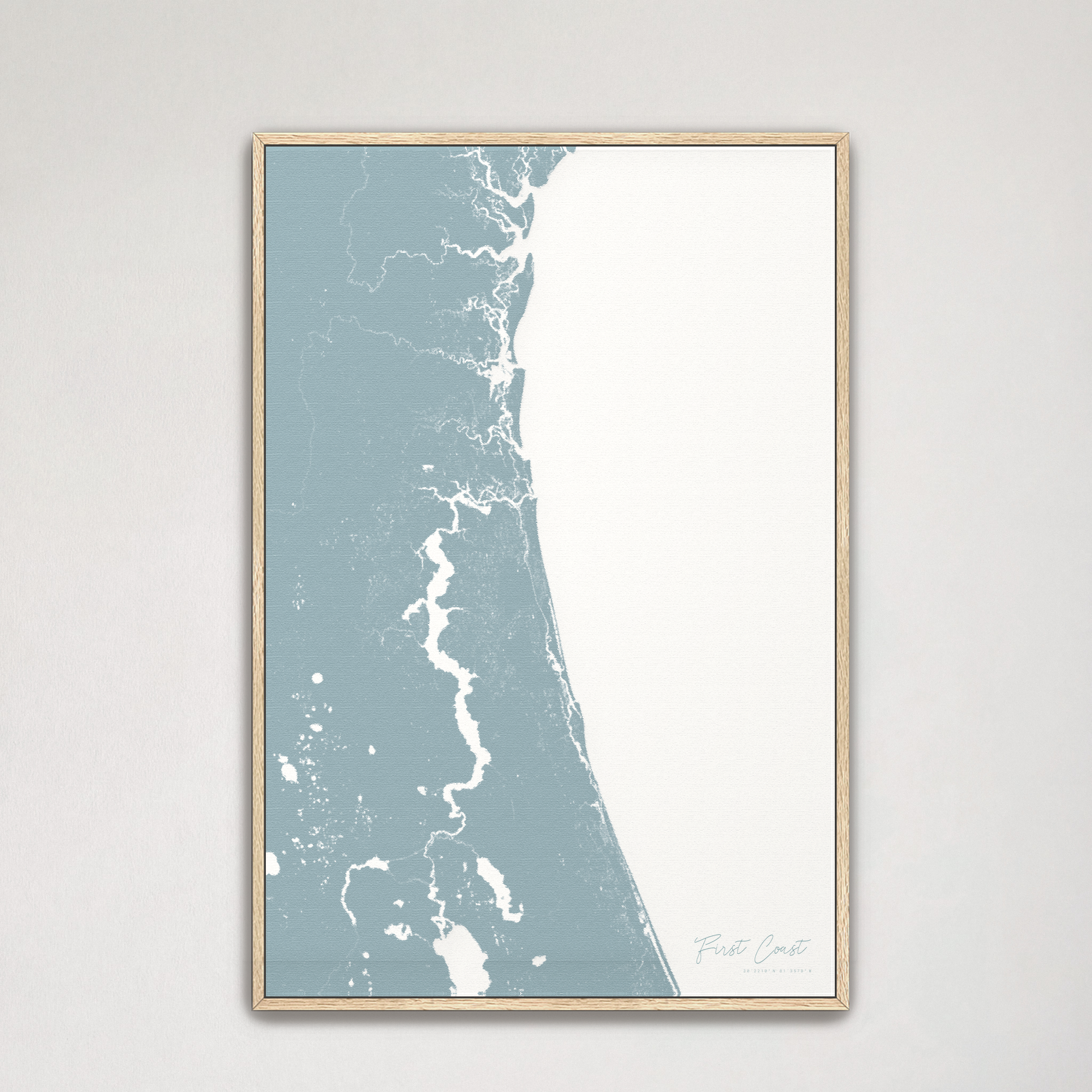 First Coast / Northeast Florida Coastal Map — Canvas Vertical, soft-blue, Natural Oak