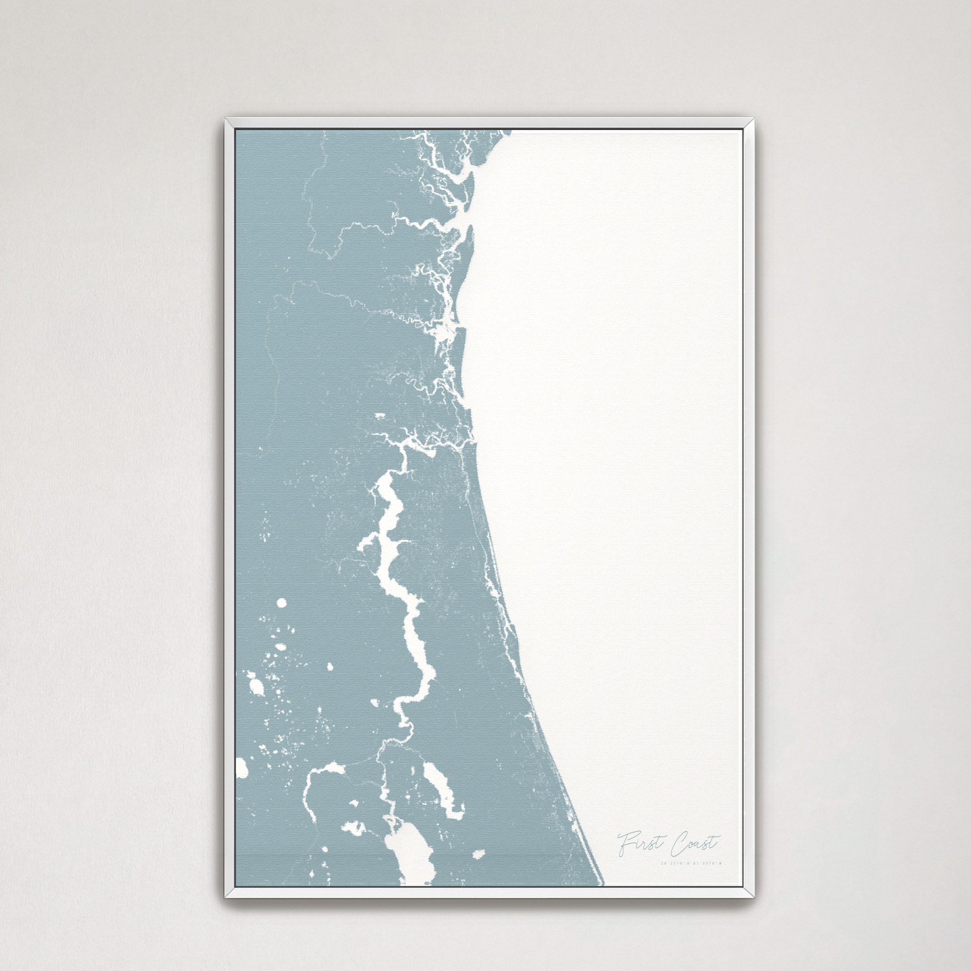 First Coast / Northeast Florida Coastal Map — Canvas Vertical, soft-blue, White Frame