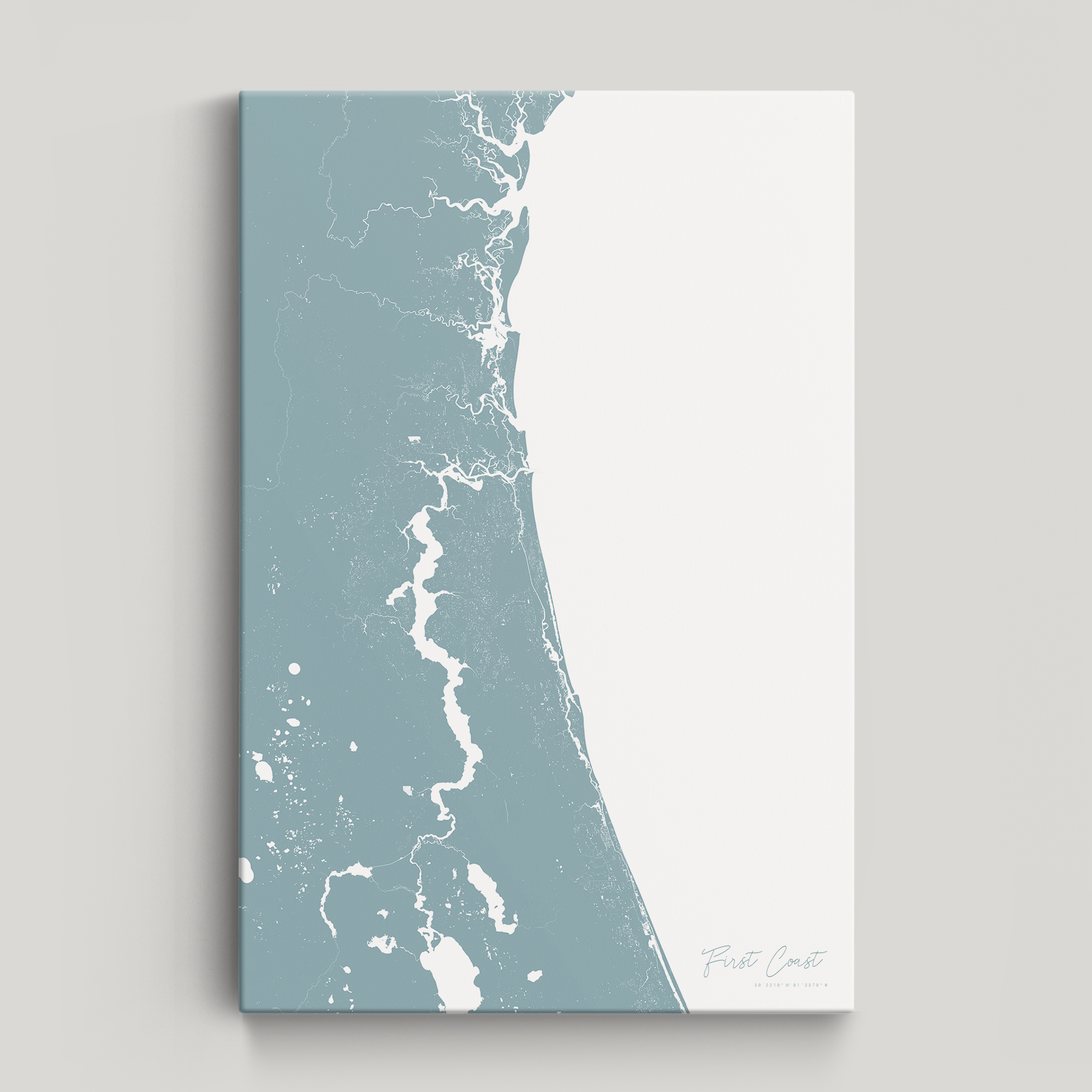 First Coast / Northeast Florida Coastal Map — Canvas Vertical, soft-blue, No Frame