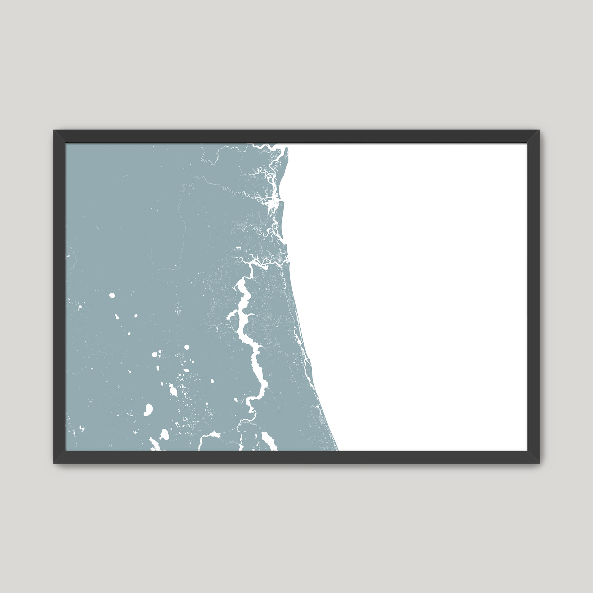 First Coast / Northeast Florida Coastal Map — Fine Art Print Horizontal, soft-blue, Black Frame, 10x8