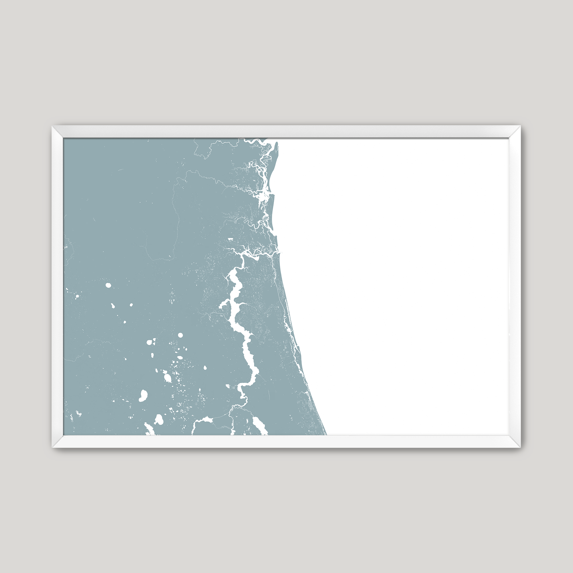 First Coast / Northeast Florida Coastal Map — Fine Art Print Horizontal, soft-blue, White Frame, 10x8