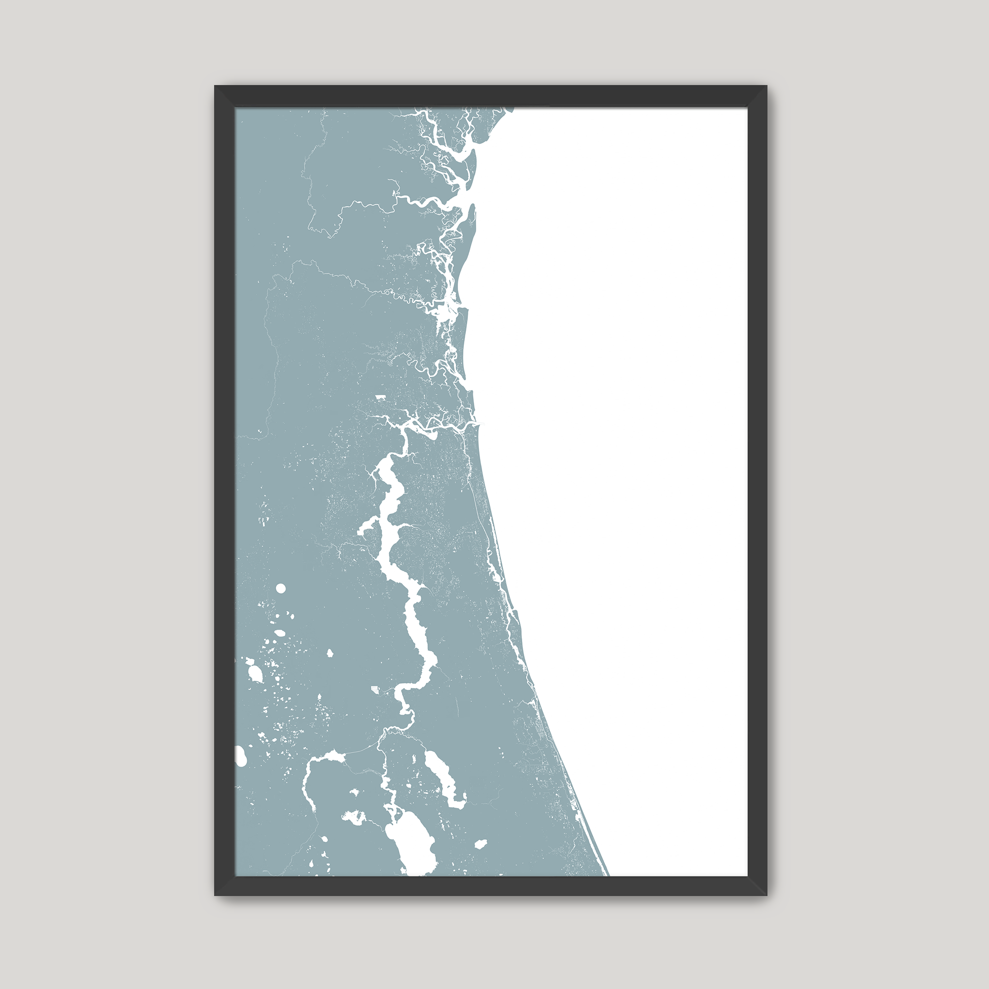 First Coast / Northeast Florida Coastal Map — Fine Art Print Vertical, soft-blue, Black Frame, 8x10