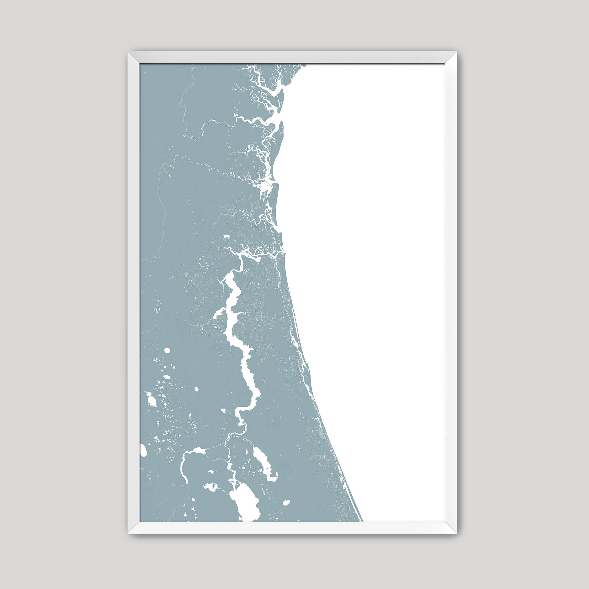 First Coast / Northeast Florida Coastal Map — Fine Art Print Vertical, soft-blue, White Frame, 8x10