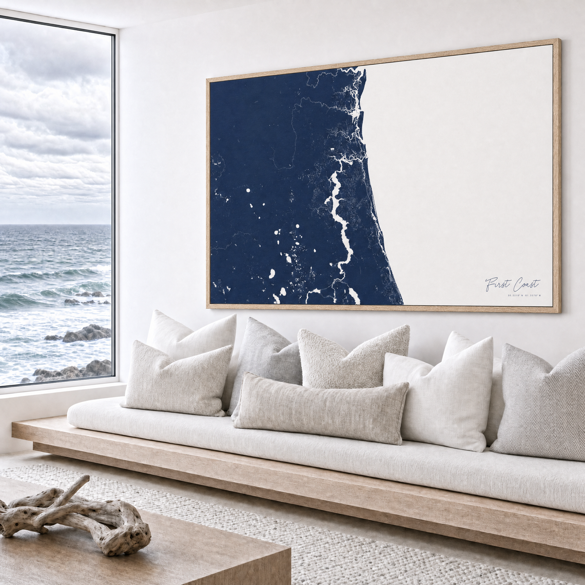 First Coast / Northeast Florida canvas map — sea-view bench interior