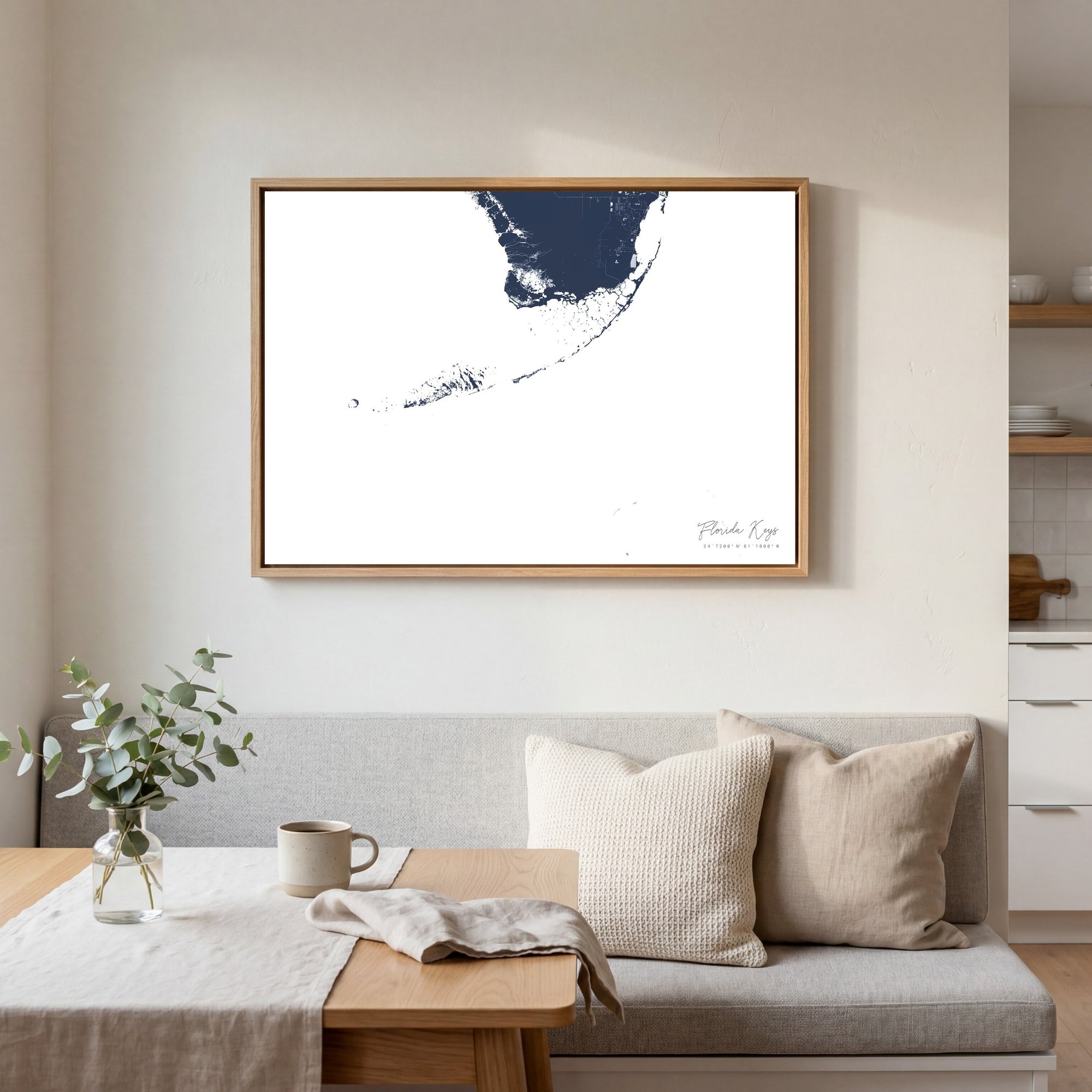 Florida Keys navy horizontal canvas map in an oak framed room scene
