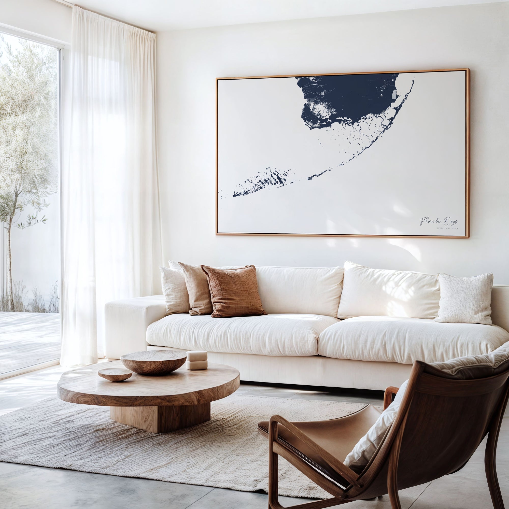 Florida Keys navy horizontal canvas map in an oak framed room scene