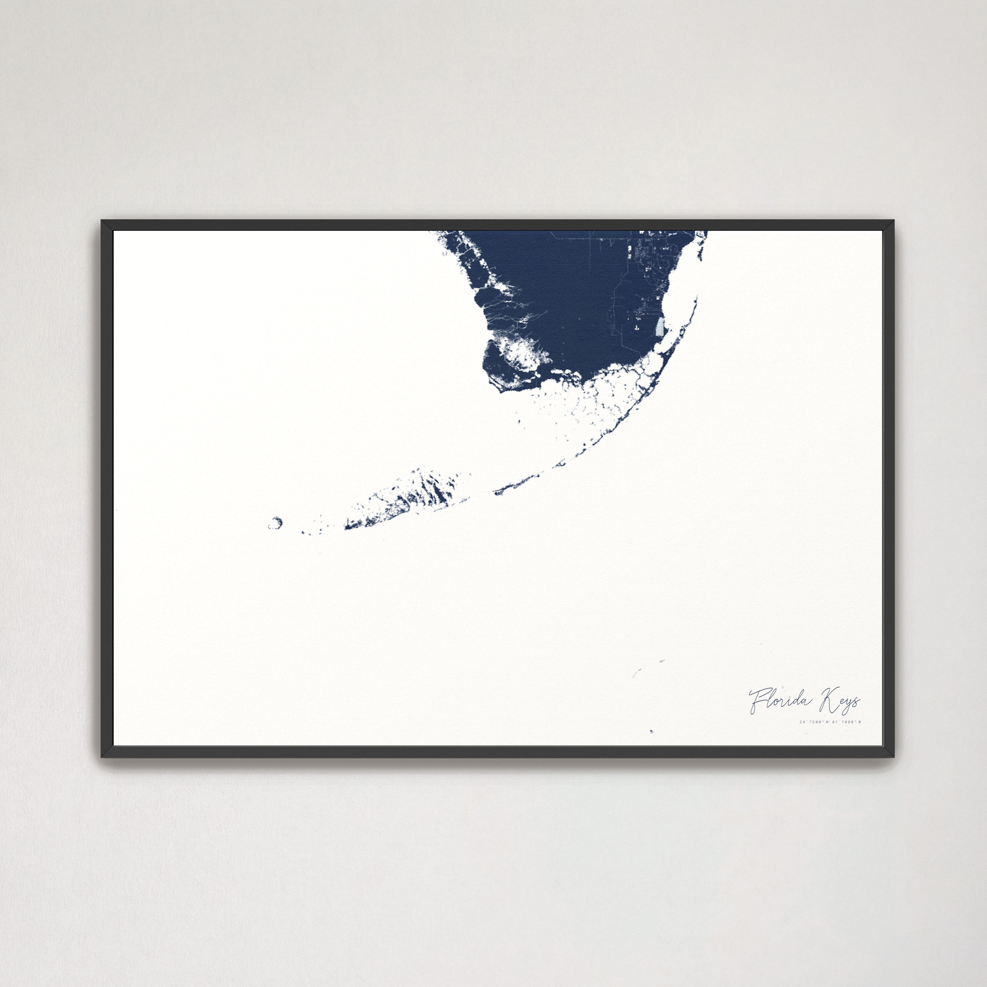 Florida Keys Coastal Map — Canvas Horizontal, navy, Black Frame