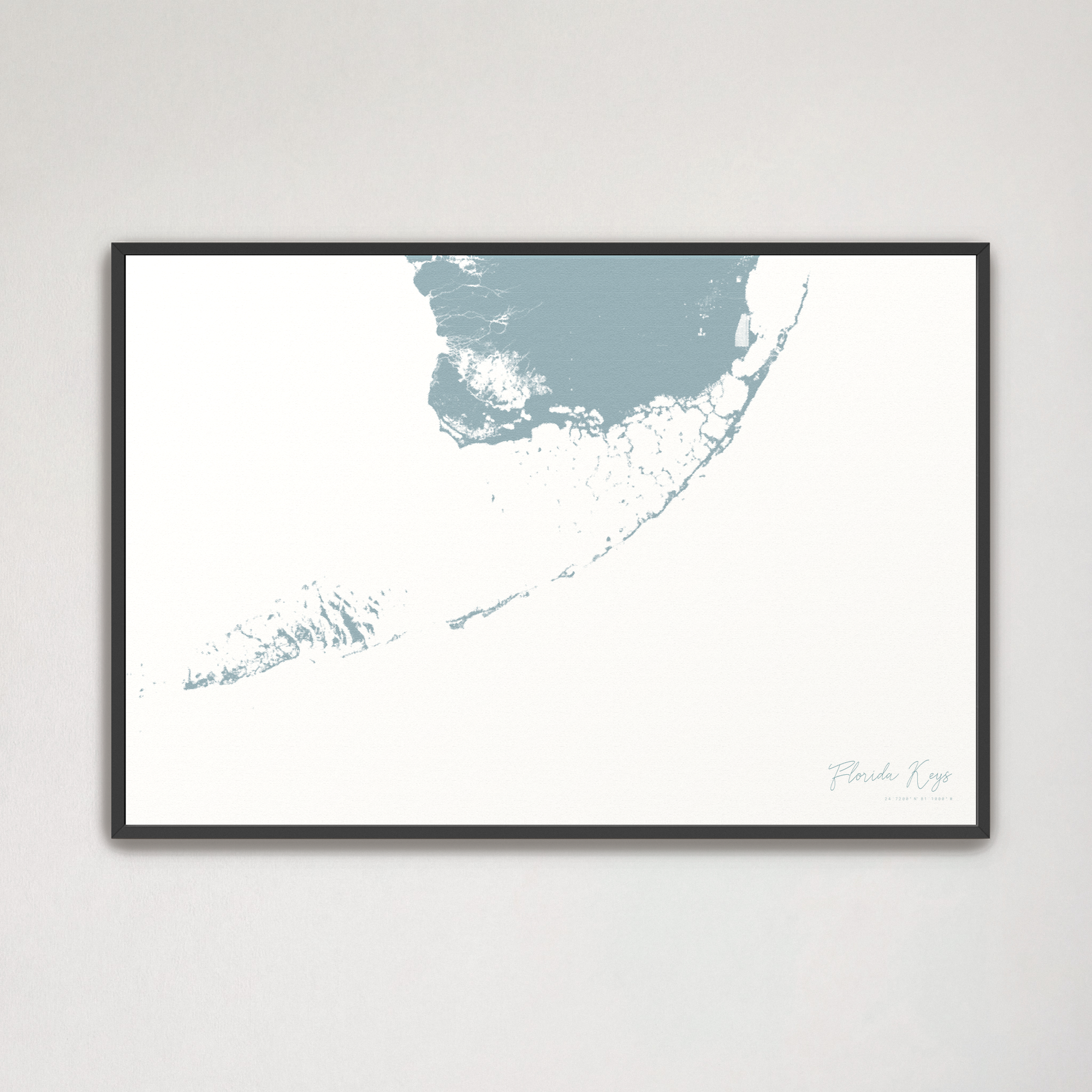 Florida Keys Coastal Map — Canvas Horizontal, soft-blue, Black Frame