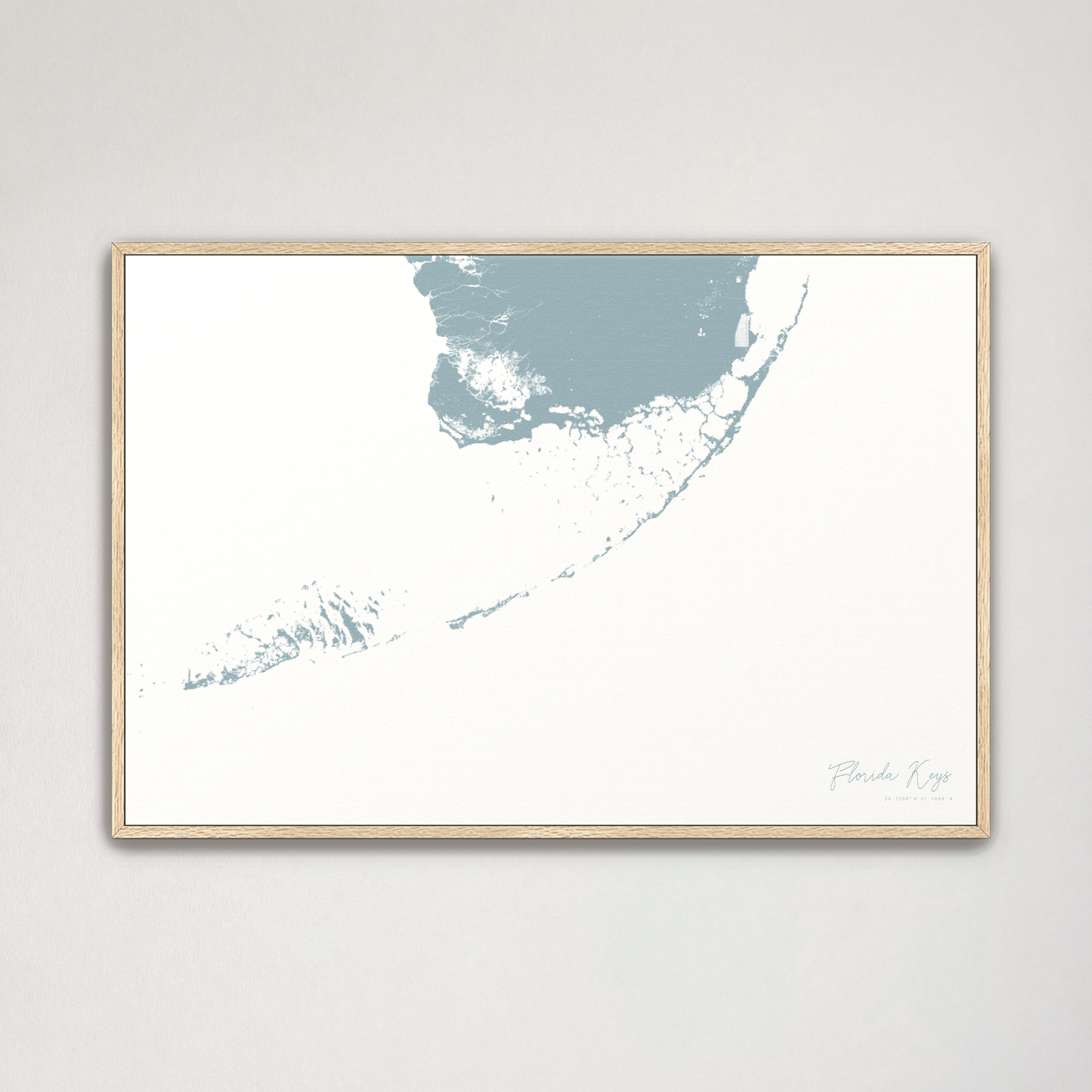Florida Keys Coastal Map — Canvas Horizontal, soft-blue, Natural Oak