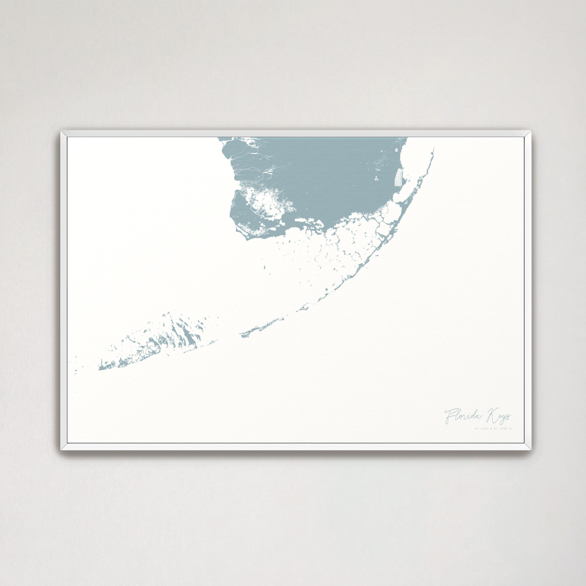 Florida Keys Coastal Map — Canvas Horizontal, soft-blue, White Frame