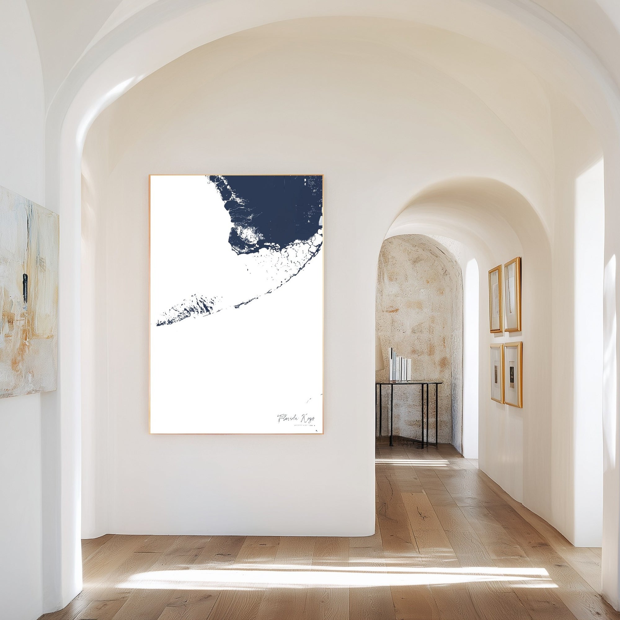 Florida Keys navy vertical canvas map in the Bello mixed room scene