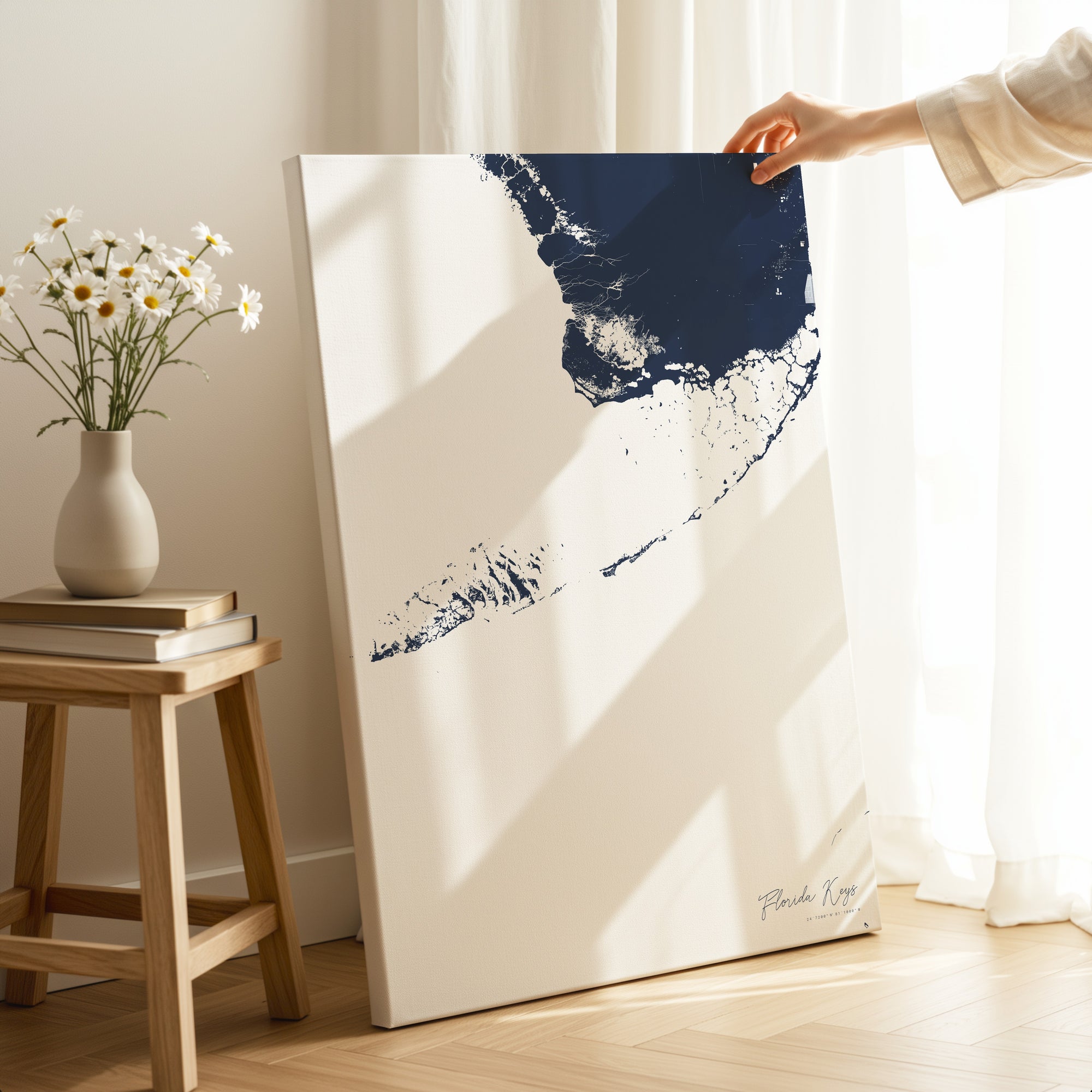 Florida Keys navy vertical wrapped canvas map in the ratio 2:3 hand mockup