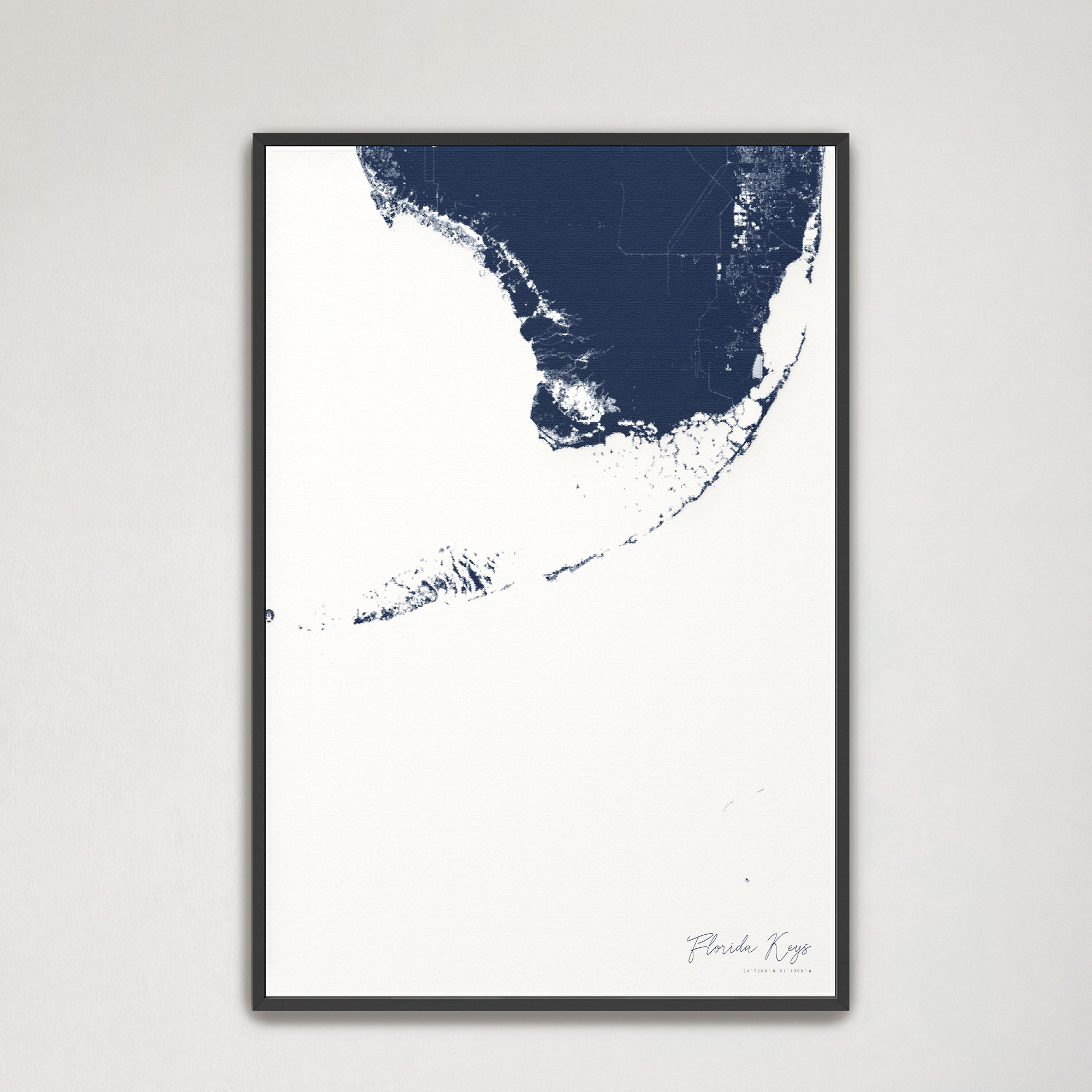 Florida Keys Coastal Map — Canvas Vertical, navy, Black Frame