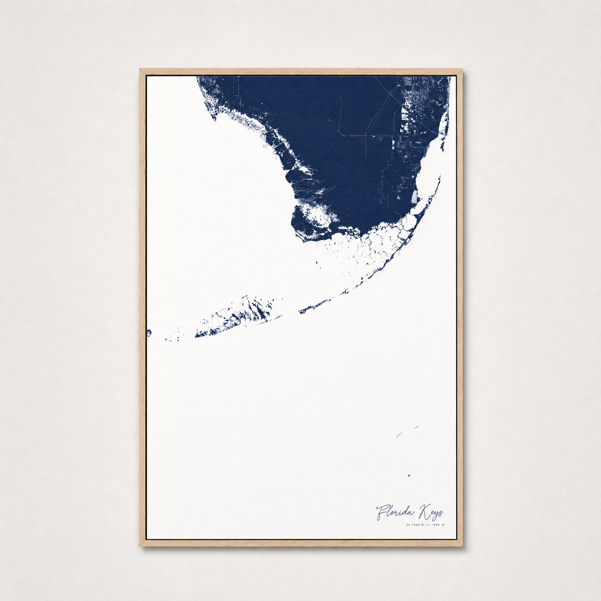 Florida Keys Coastal Map — Canvas Vertical — navy, Light Wood