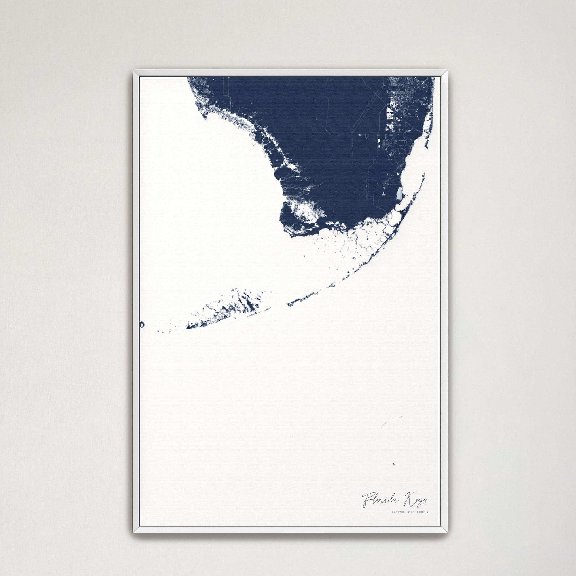 Florida Keys Coastal Map — Canvas Vertical, navy, White Frame