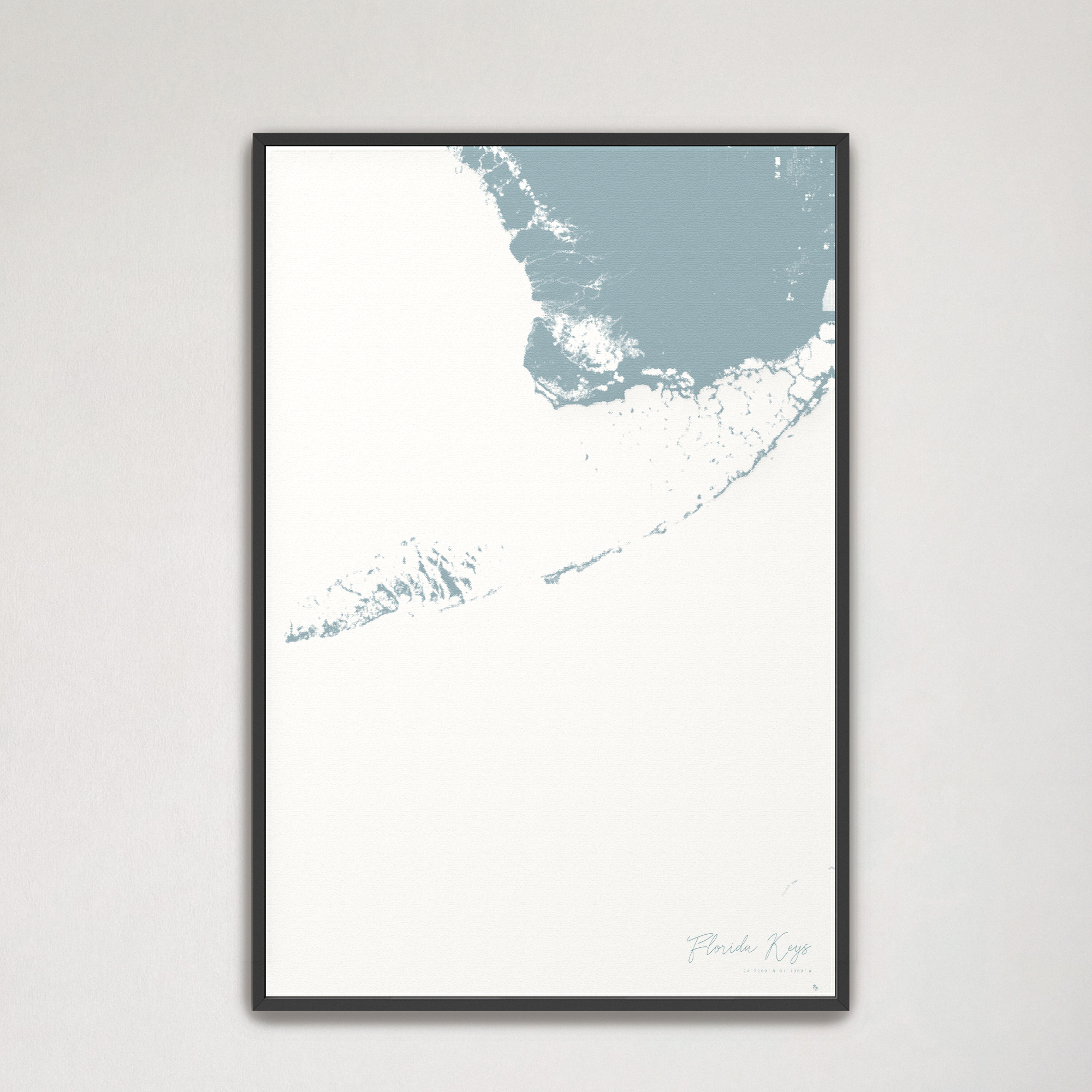 Florida Keys Coastal Map — Canvas Vertical, soft-blue, Black Frame