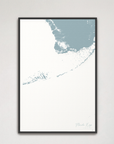 Florida Keys Coastal Map — Canvas Vertical, soft-blue, Black Frame