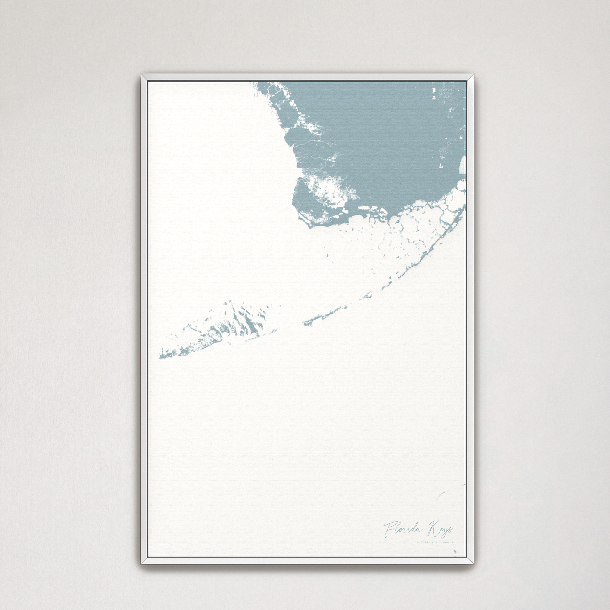 Florida Keys Coastal Map — Canvas Vertical, soft-blue, White Frame