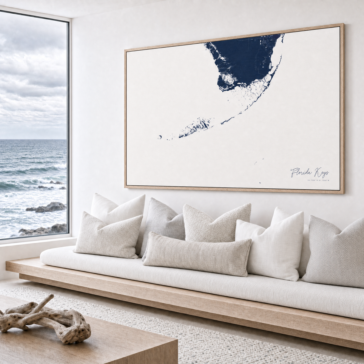Florida Keys canvas map — sea-view bench interior
