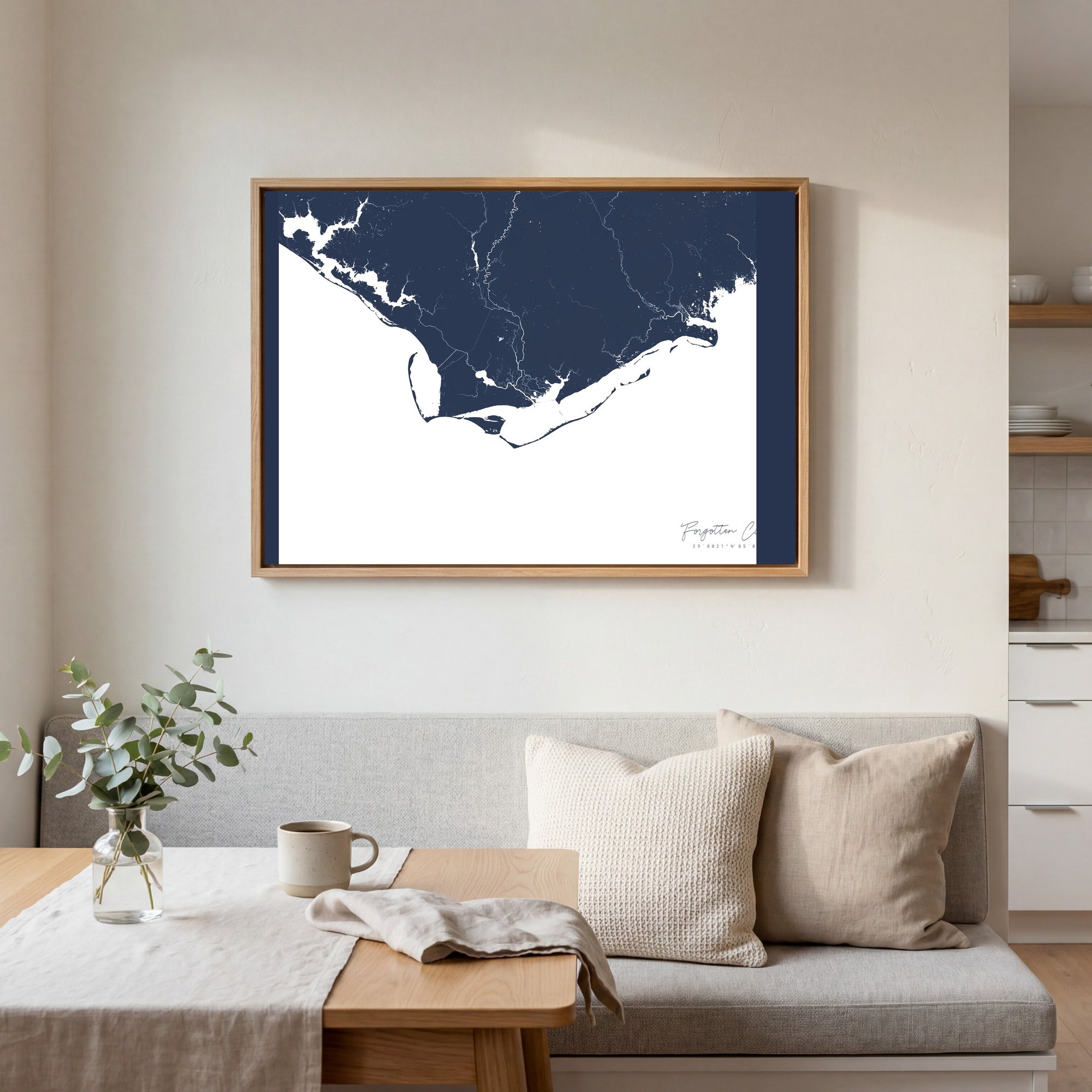 Forgotten Coast navy horizontal canvas map in an oak framed room scene