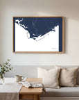 Forgotten Coast navy horizontal canvas map in an oak framed room scene