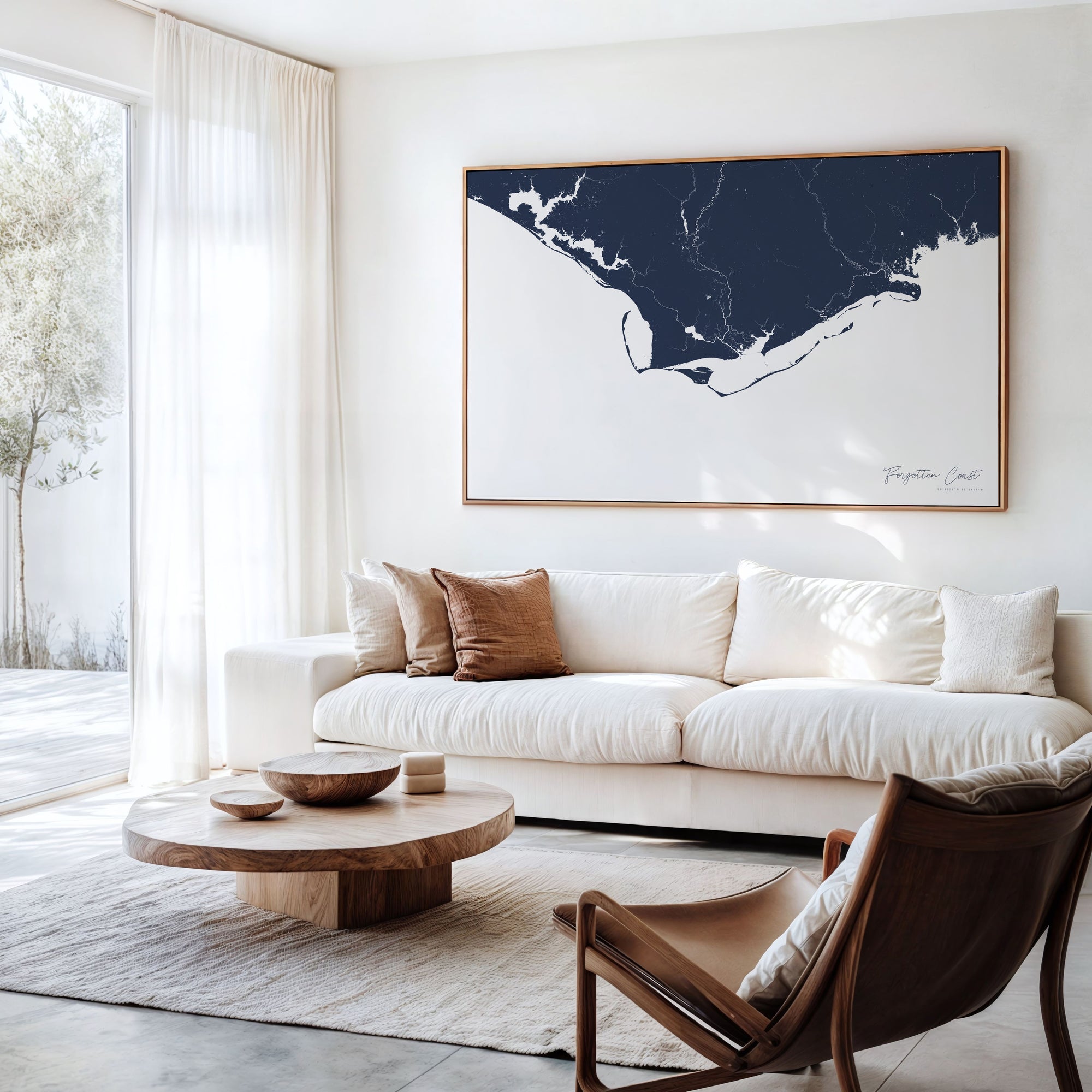 Forgotten Coast navy horizontal canvas map in an oak framed room scene