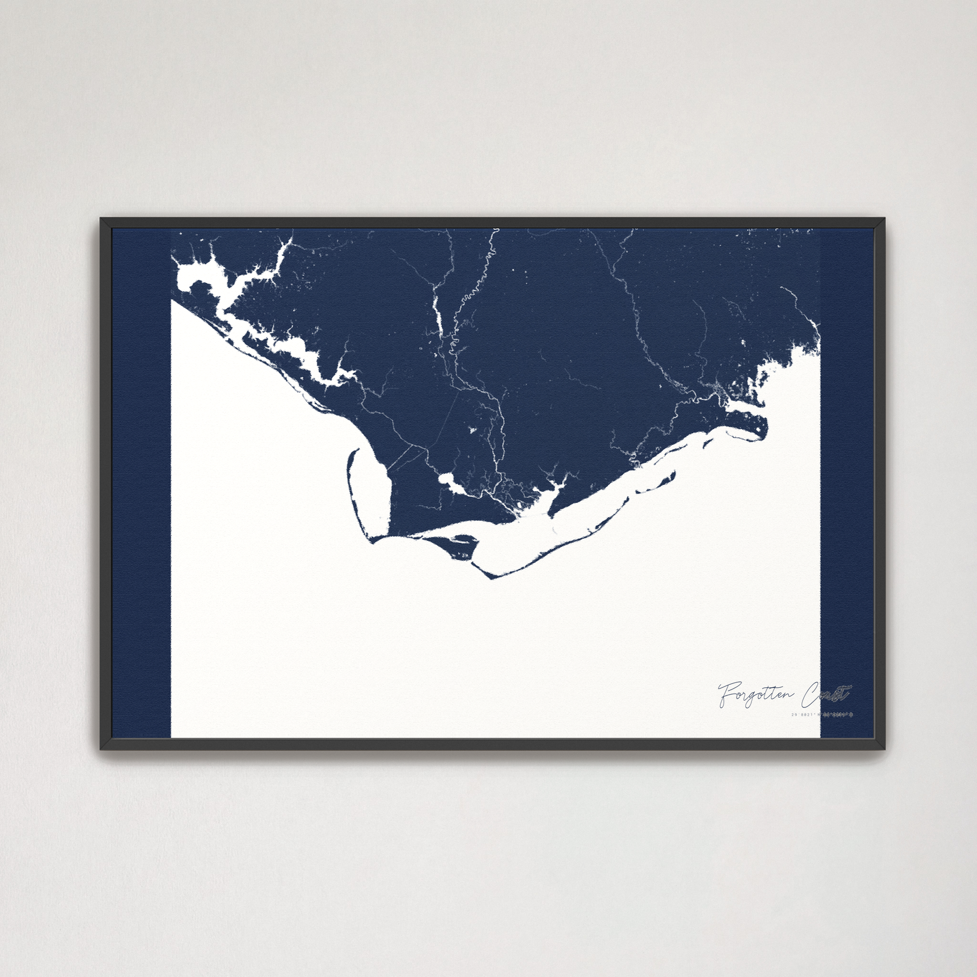 Forgotten Coast Coastal Map — Canvas Horizontal, navy, Black Frame